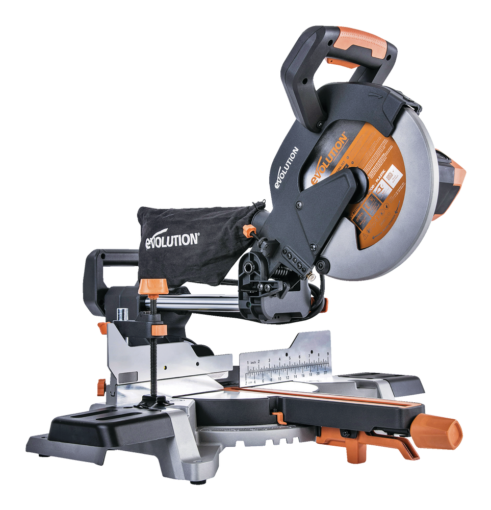 Evolution R255SMS+ 15 Amp SingleBevel Sliding Mitre Saw with 10in MultiMaterial Cutting Blade