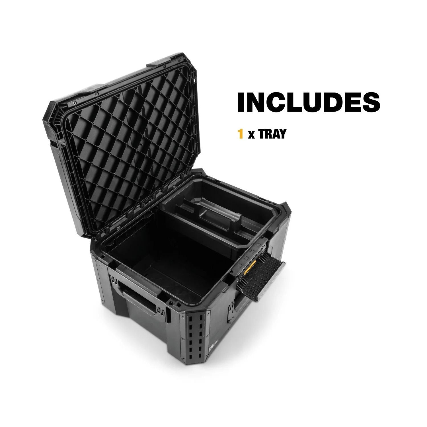 ToughBuilt StackTech Middle Portable Modular Plastic/Metal Tool Box with Inner Tray, IP65-Rated, Black Overhead_Plunge