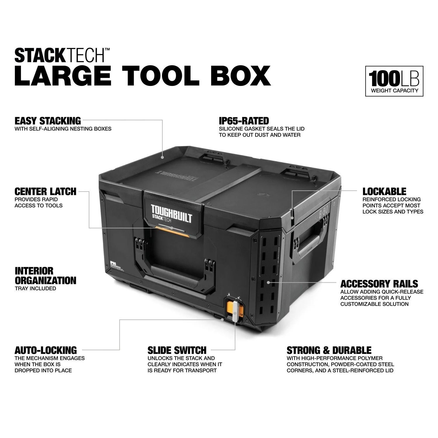 ToughBuilt StackTech Middle Portable Modular Plastic/Metal Tool Box with Inner Tray, IP65-Rated, Black Front_Angled_Left