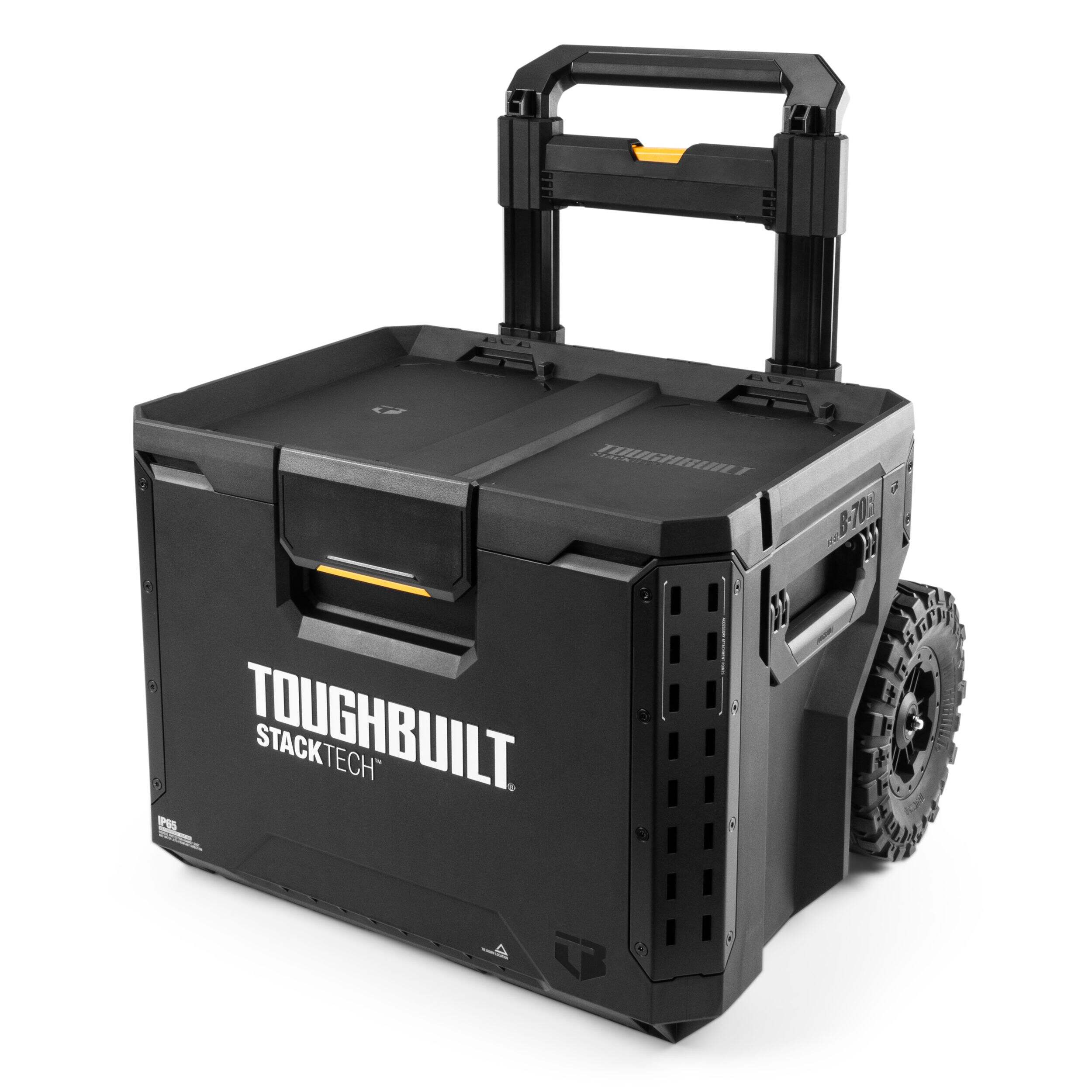 ToughBuilt StackTech Portable Modular Plastic/Metal Rolling Tool Box with Handle and Inner Tray, IP65-Rated, Black Front_Three_Fourths_Angled_Left