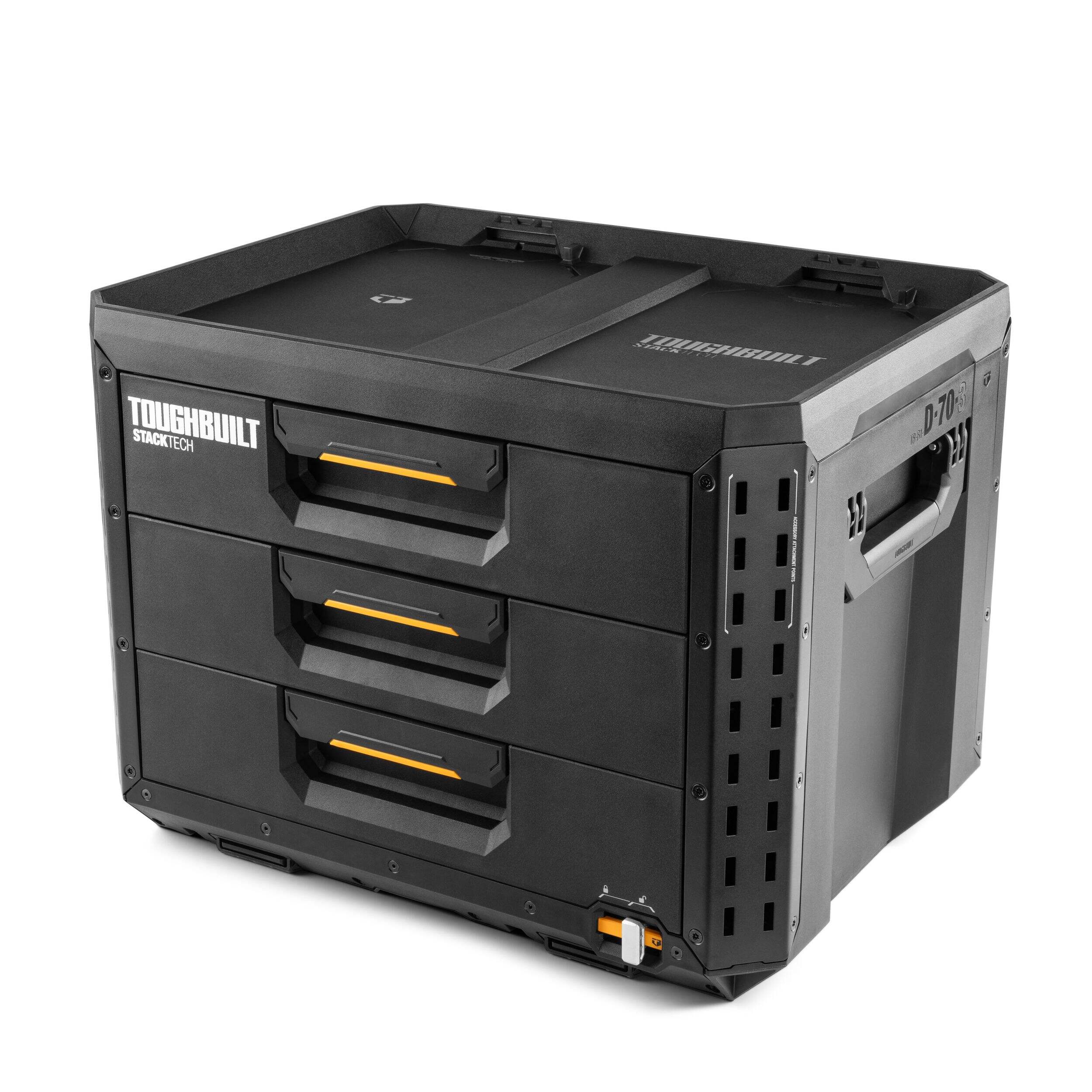 ToughBuilt StackTech XL 3-Drawer Auto-Locking Portable Modular Tool Box, Black Front_Three_Fourths_Angled_Left