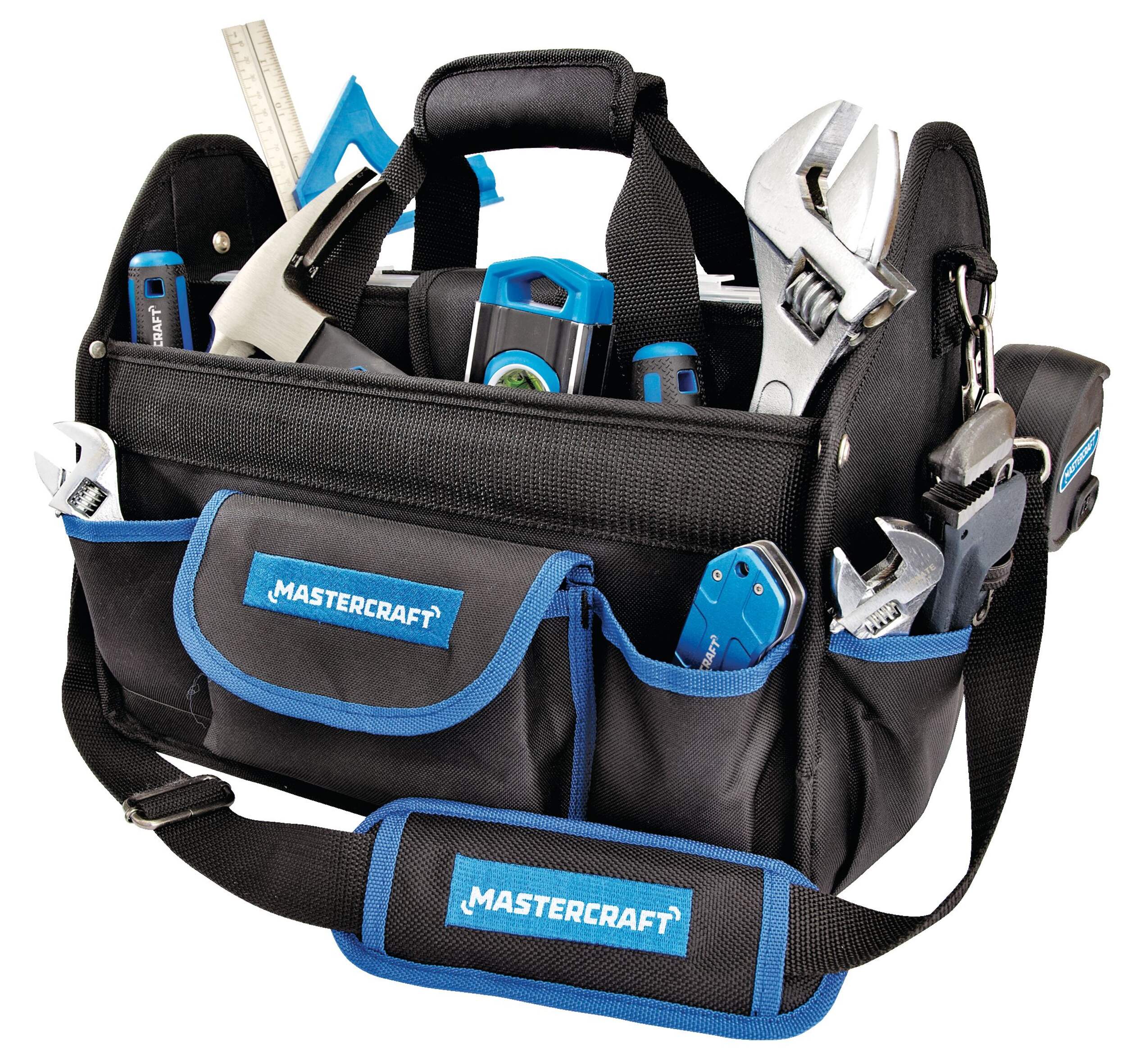Sac à outils à ouvert sur le dessus Mastercraft, 21 pochettes, 38 cm (15 po), noir Front_Angled_Left