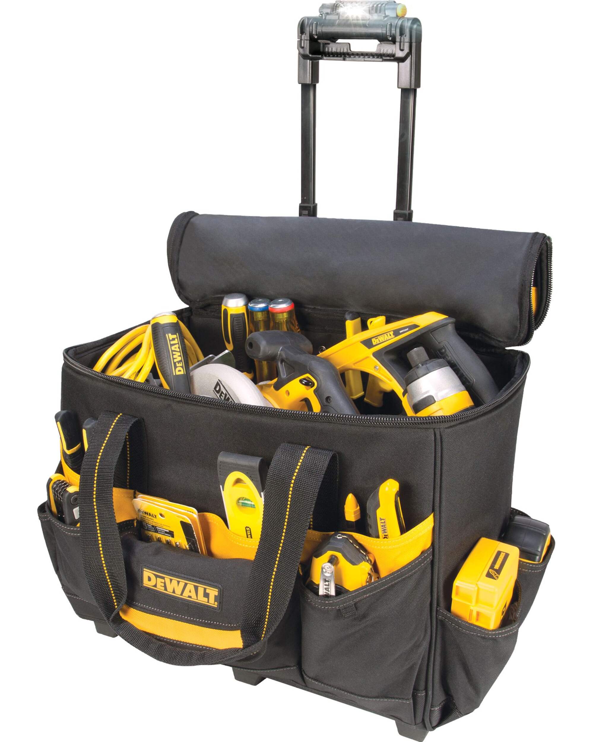 Sac fourre-tout à outils DEWALT à fermeture à glissière avec roues et lumières à DEL, 17 pochettes, 17 po Front_Angled_Left