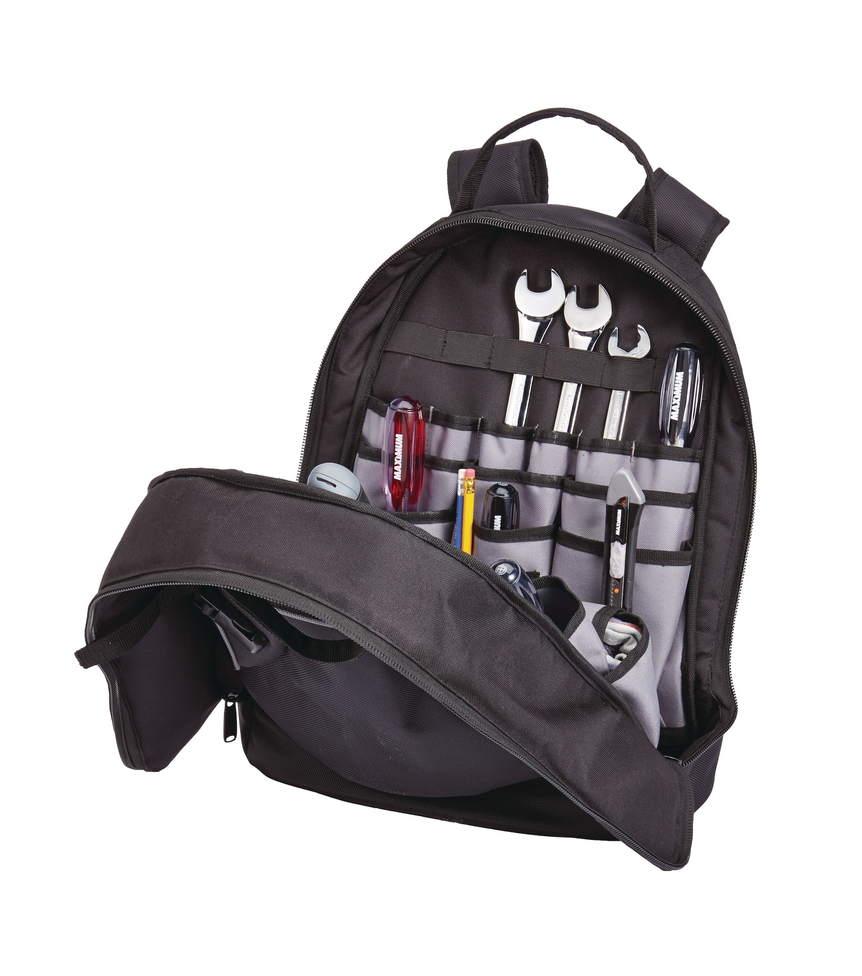 MAXIMUM Backpack Tool Bag, Black, 32 Pockets, 20x18-in Overhead_Plunge