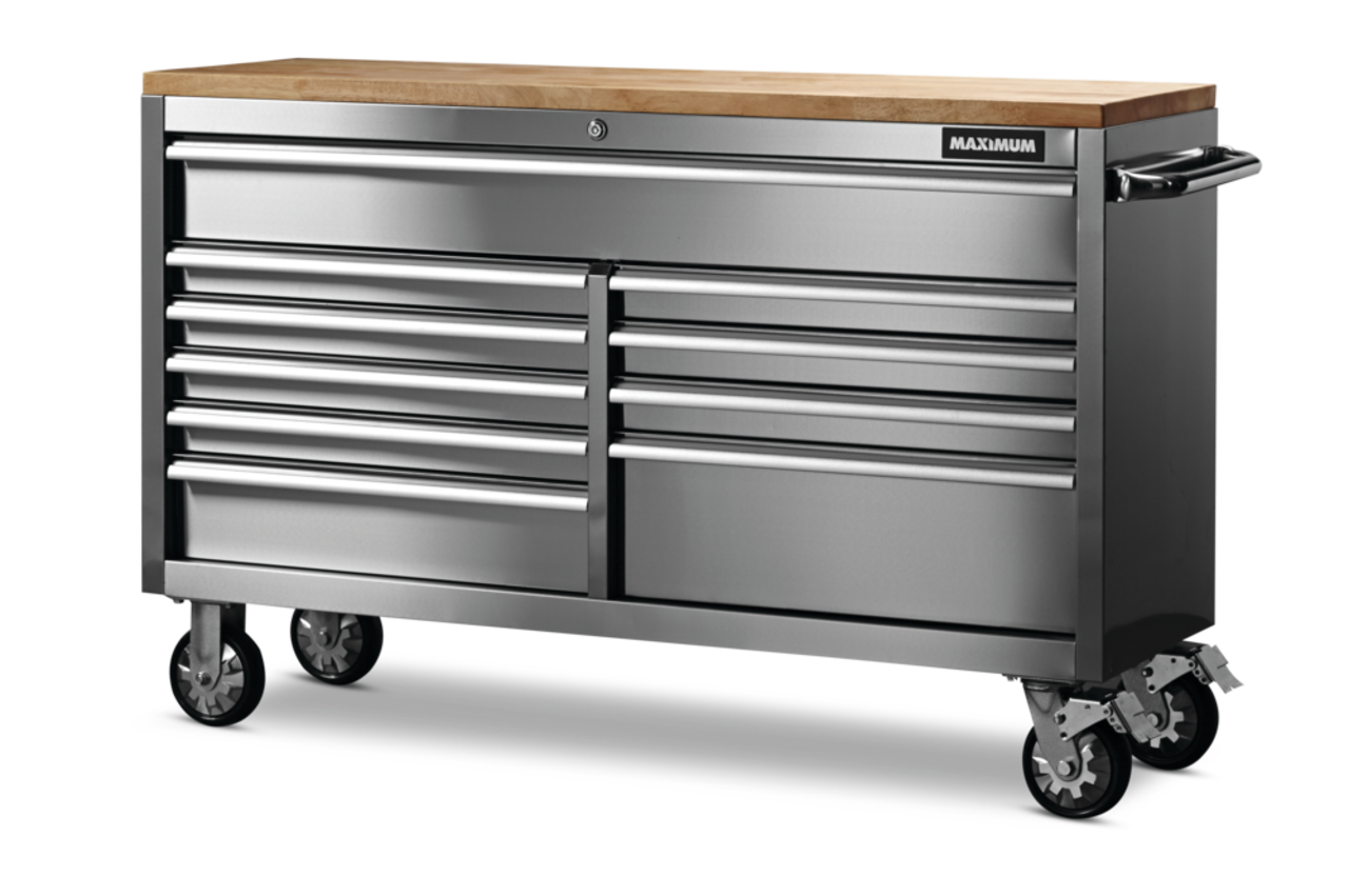 MAXIMUM Butcher Block Top Rolling Tool Storage Cabinet with 10 Drawers,  Stainless Steel, 56-in