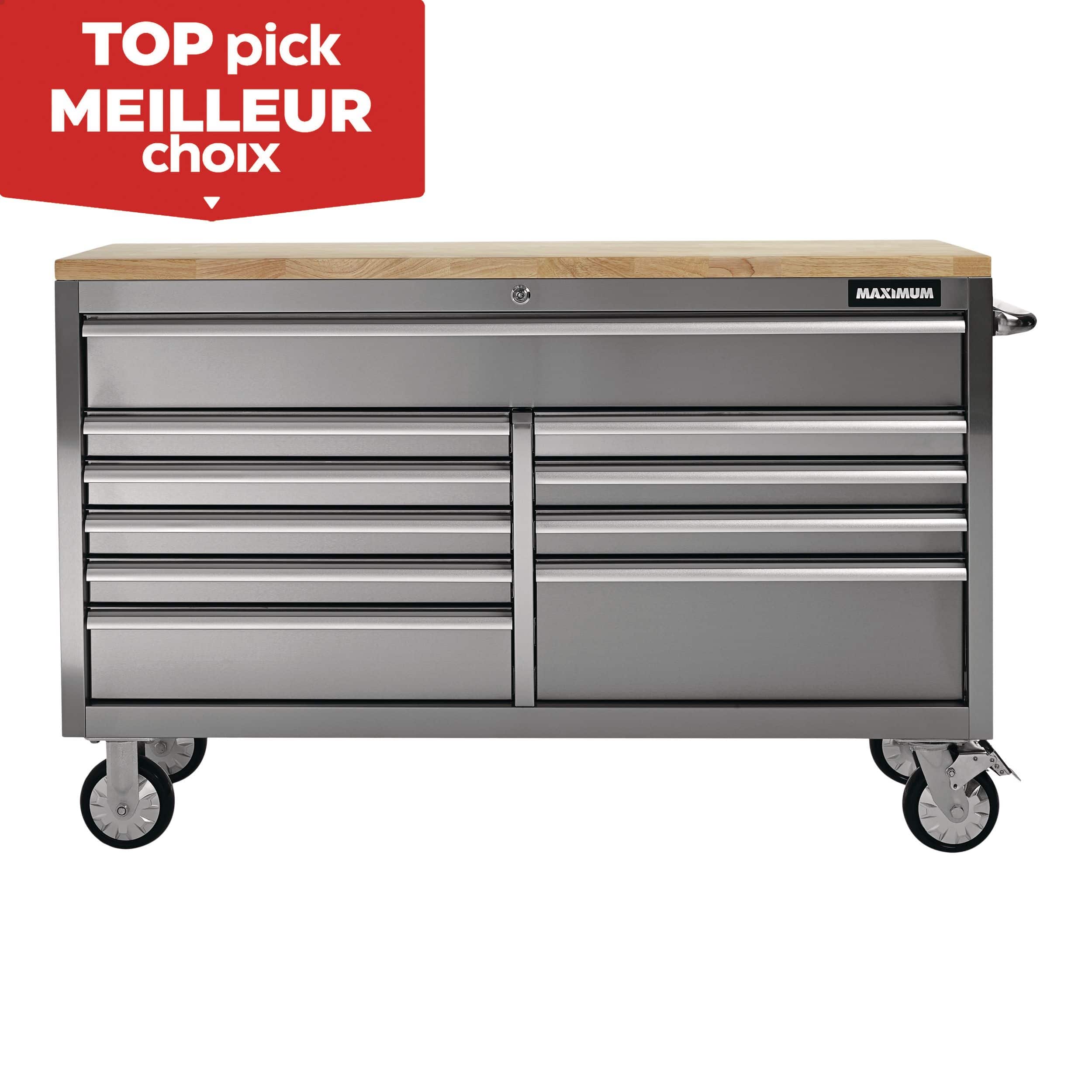 MAXIMUM Butcher Block Top Rolling Tool Storage Cabinet with 10