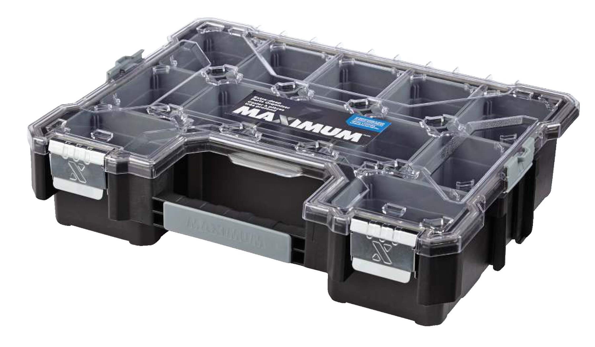 MAXIMUM Extra-Deep Stackable Parts Organizer Tray w/Lid, 12 Removable Bins, 18x14x4-in Front_Angled_Left