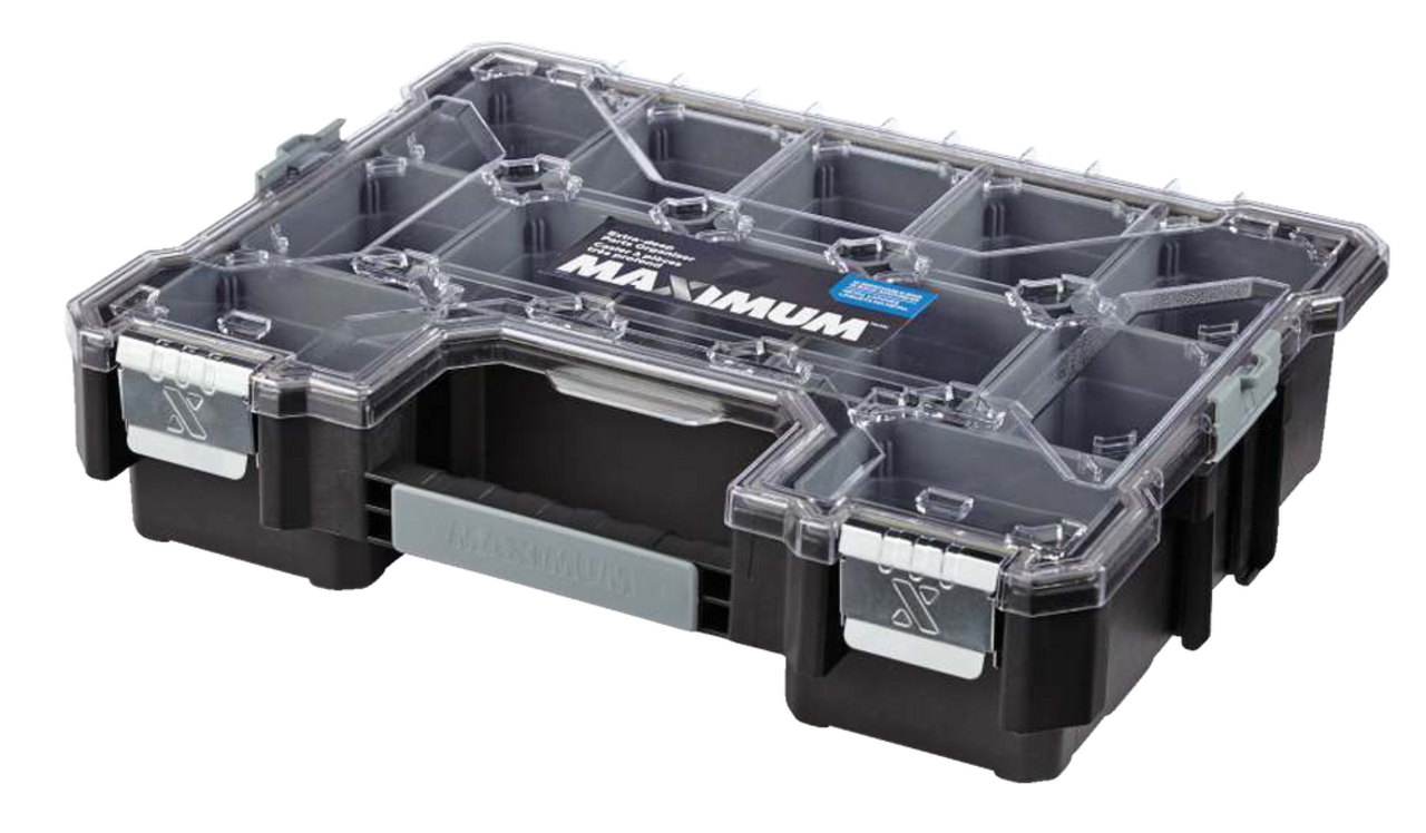 MAXIMUM Deep 12-Bin Stackable Professional Parts Organizer Tray w/ Lid,  18x14x4-in
