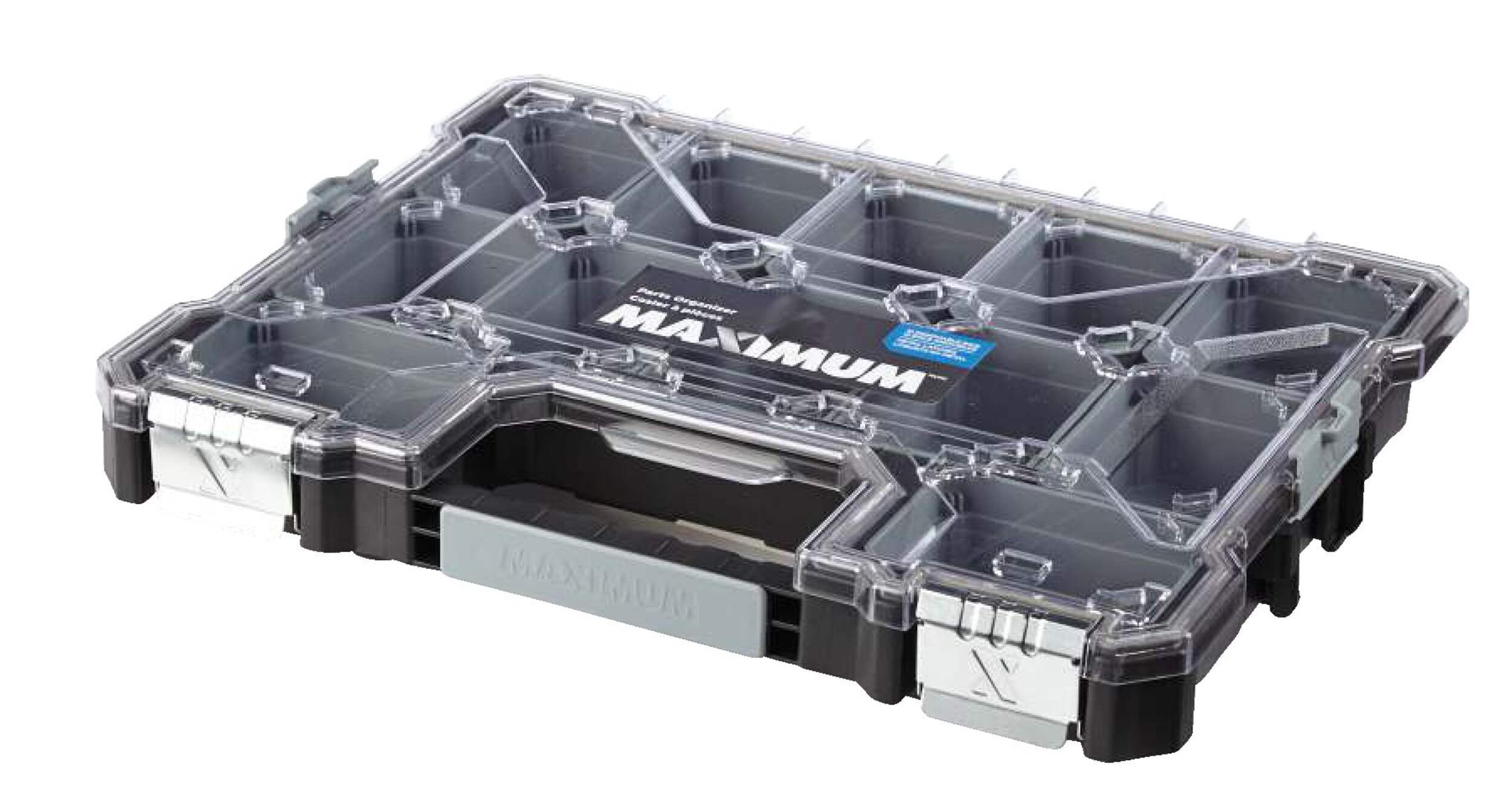 Plateau de rangement peu profond professionnel empilable à 12 bacs MAXIMUM avec couvercle, 18 x 14 x 2 po Front_Angled_Left