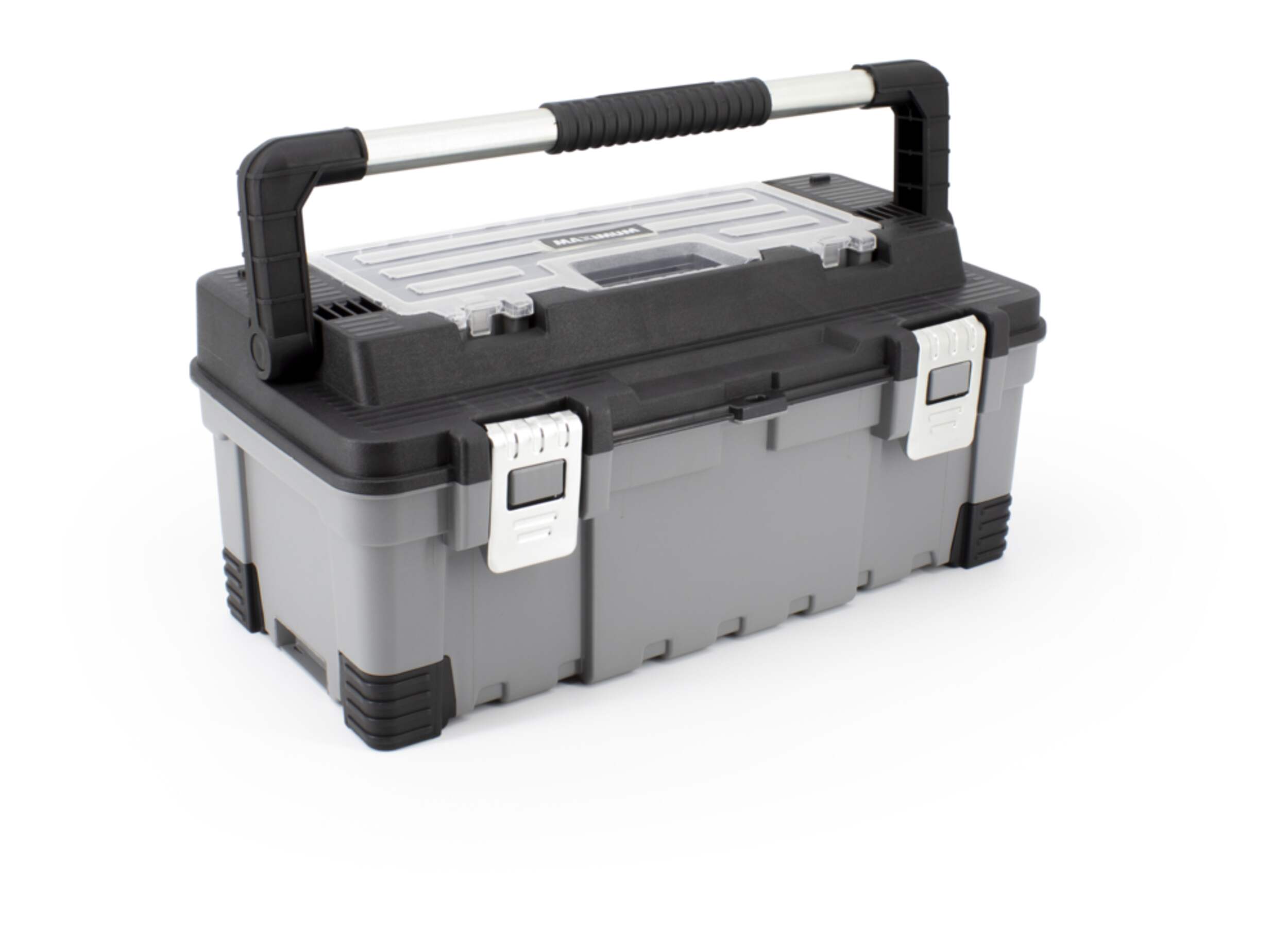 MAXIMUM Portable Heavy Duty Resin Tool Box w/ Removable Smalls Organizer, Black, Assorted Front_Angled_Right