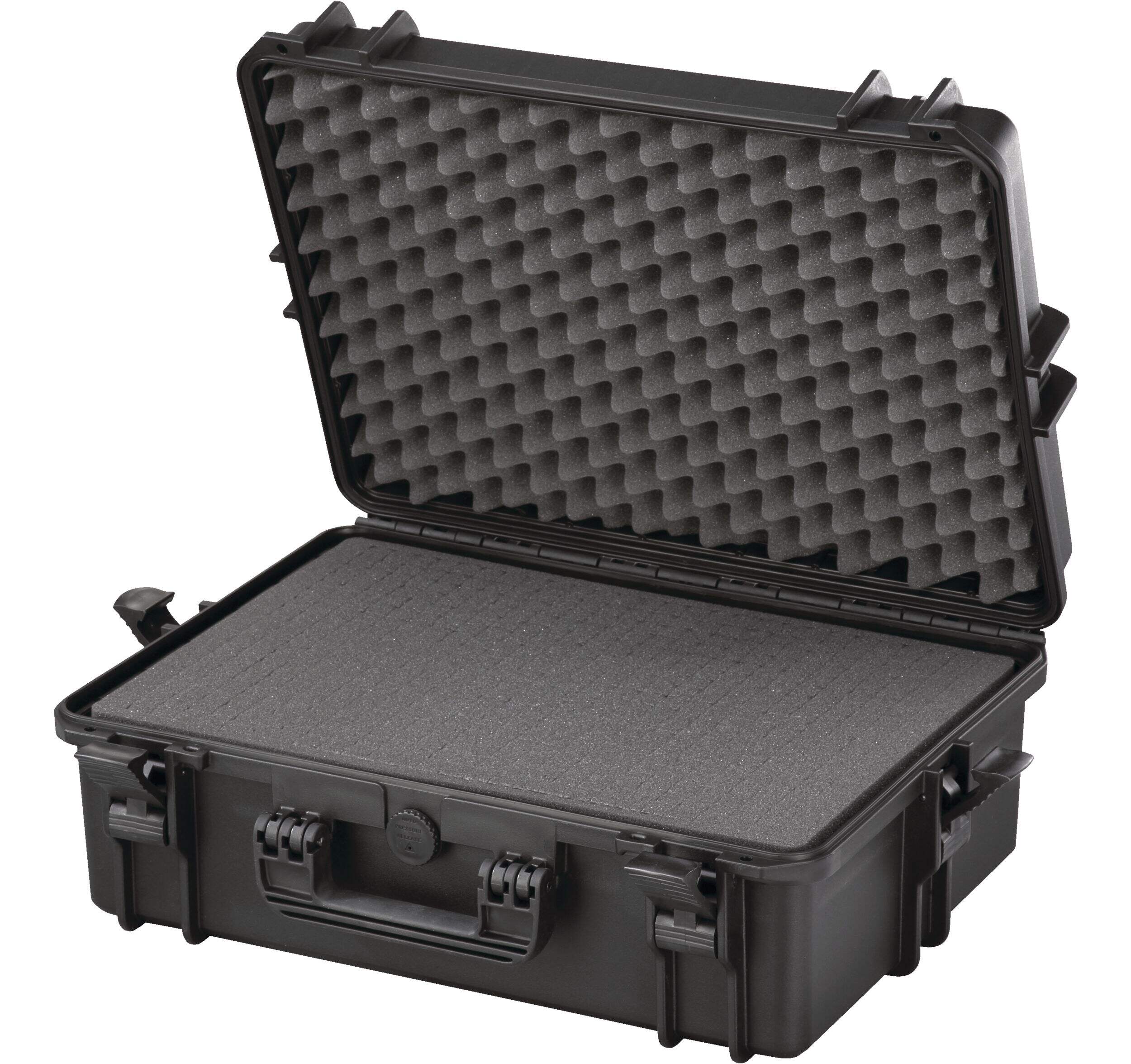 MAXIMUM Portable IP67 Waterproof Case/Tool Box with Foam Layers, Black, Large, 22-in Front_Three_Fourths_Angled_Left