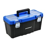 Mastercraft Portable Plastic Tool Box w/ Removable Tray & Tray Top, Blue, 16-in Front_Three_Fourths_Angled_Right