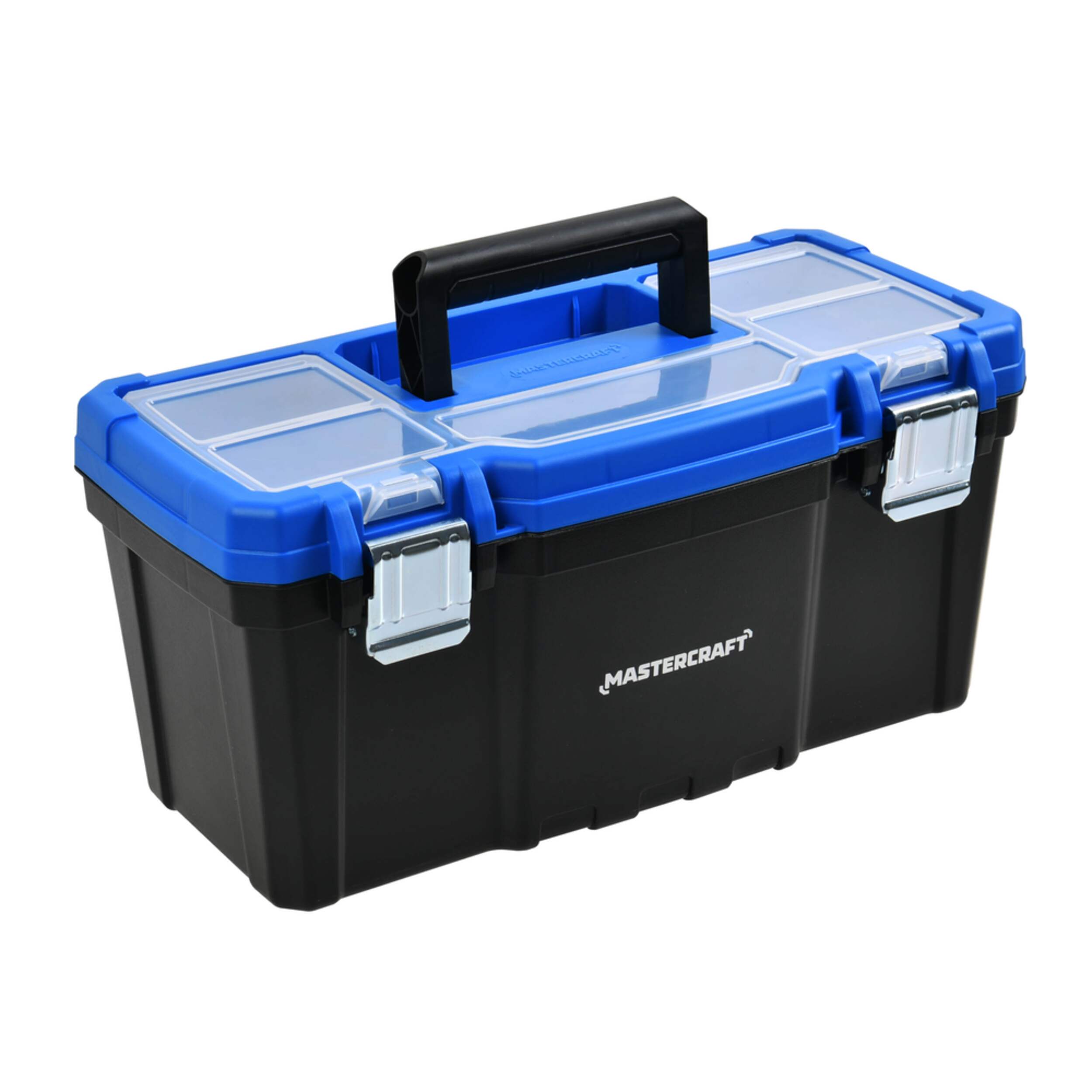 Mastercraft Portable Plastic Tool Box w/ Removable Tray & Tray Top, Blue, 16-in Front_Three_Fourths_Angled_Right