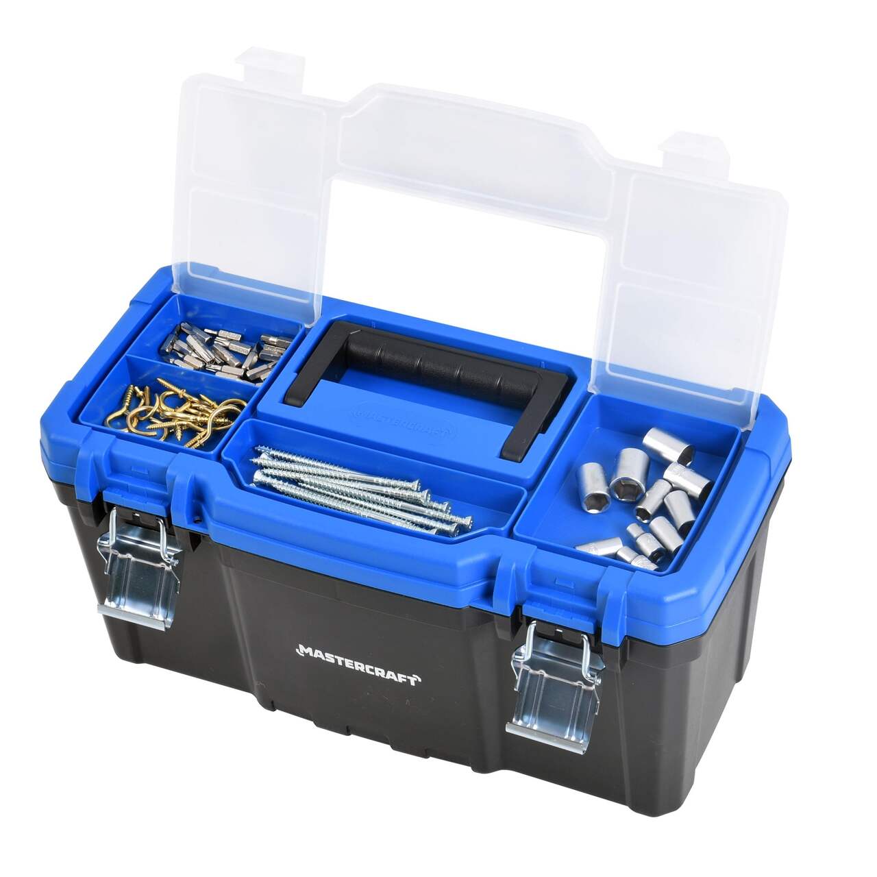 Mastercraft Portable Plastic Tool Box w/ Removable Tray & Tray Top, Blue,  19-in