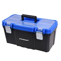 Mastercraft Portable Plastic Tool Box w/ Removable Tray & Tray Top, Blue, 19-in Front_Three_Fourths_Angled_Left