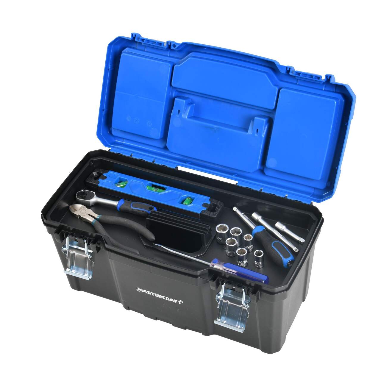 Mastercraft Portable Plastic Tool Box w/ Removable Tray & Tray Top, Blue,  22-in