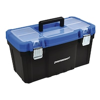 Mastercraft Portable Plastic Tool Box w/ Removable Tray & Tray Top, Blue, 22-in Front_Three_Fourths_Angled_Right