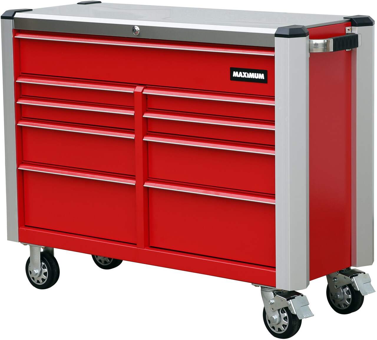 MAXIMUM Tool Storage Cabinet, Built-In Power Bar with USB, 9-Drawer, 47-in,  Red