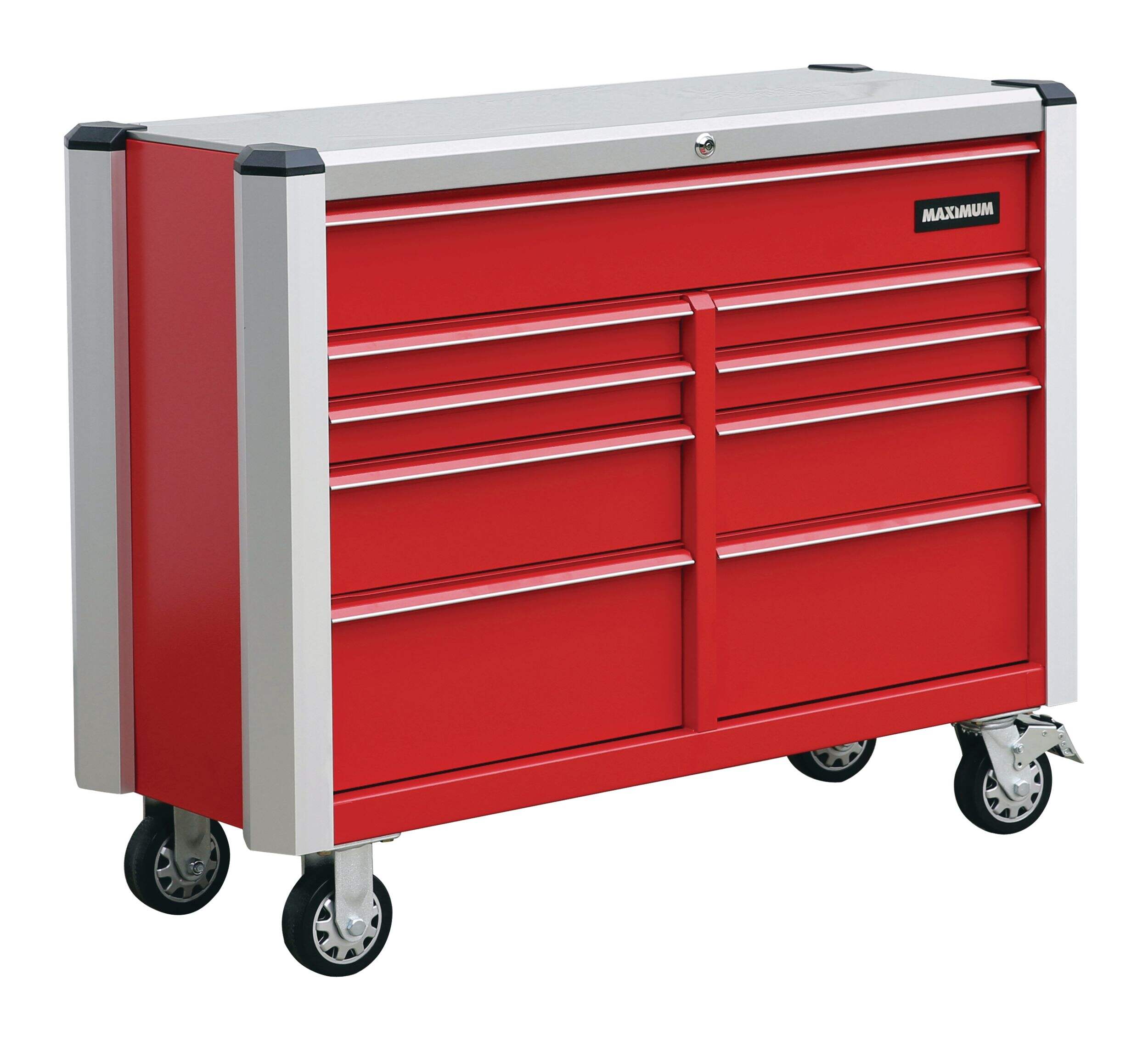 MAXIMUM Rolling Tools Storage Cabinet w/ 9 Drawers, Red, 47-in Front_Three_Fourths_Angled_Right
