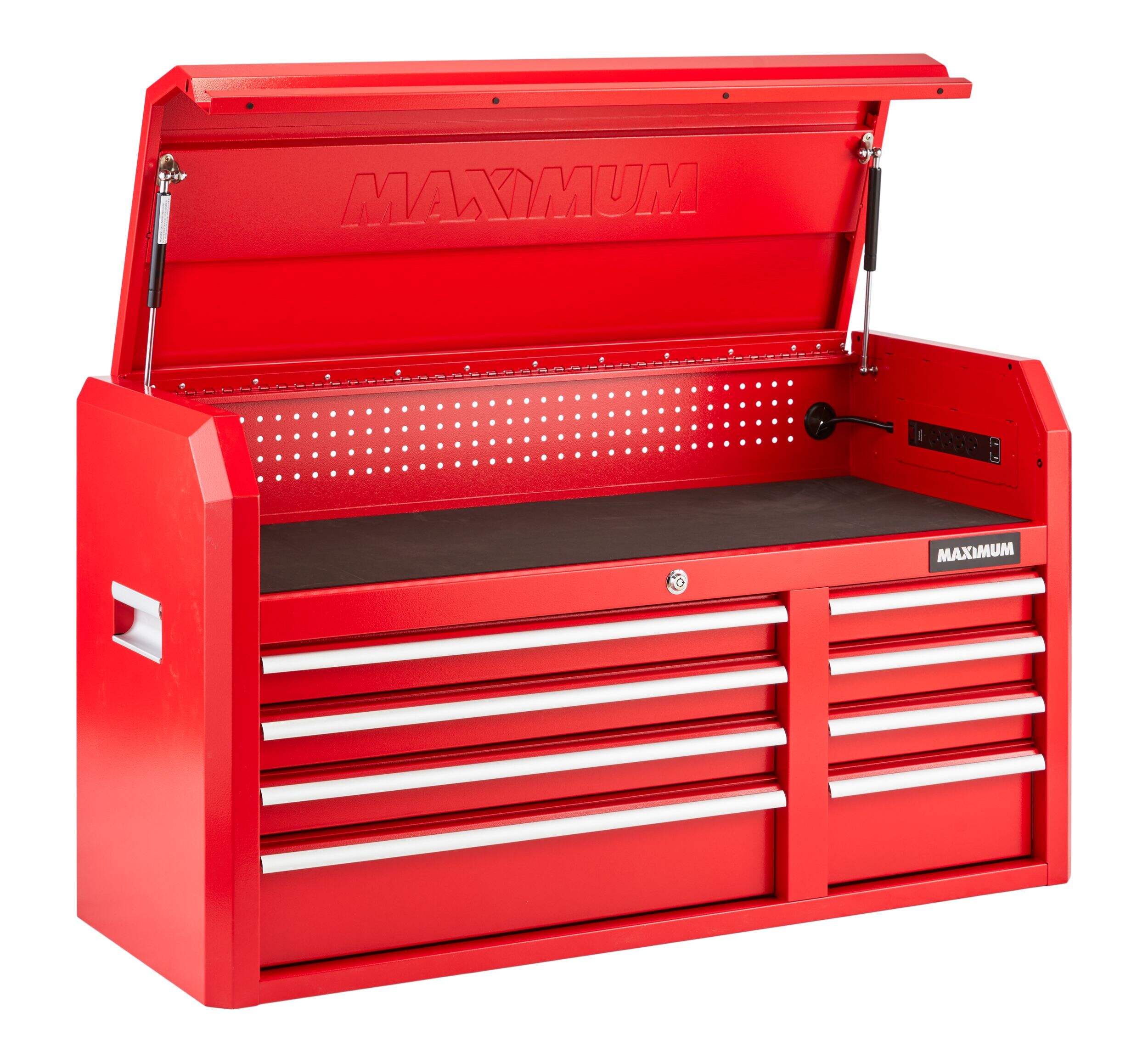 MAXIMUM Tool Storage Chest, 8-Drawer, Built-In Power Bar with USB, 47-in, Red Front_Angled_Right