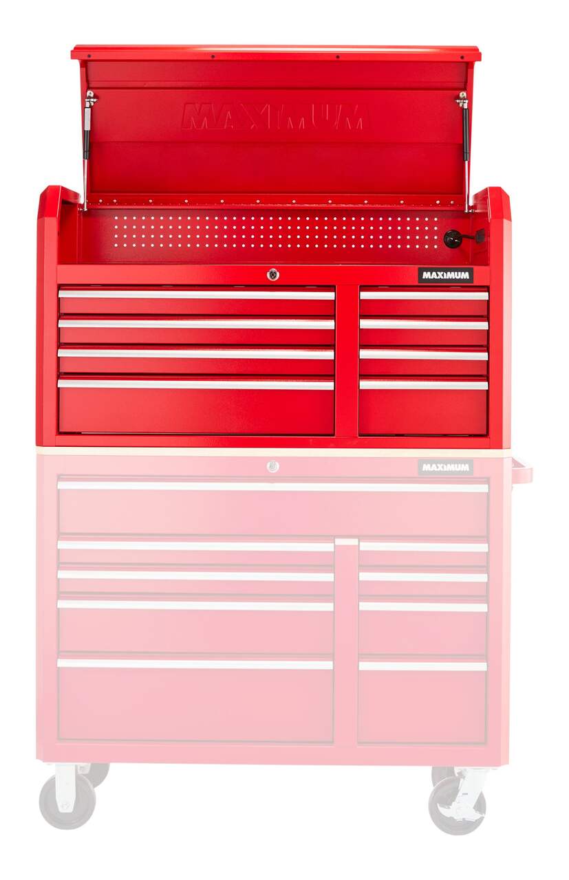 MAXIMUM Tool Storage Cabinet, Built-In Power Bar with USB, 9-Drawer, 47-in,  Red