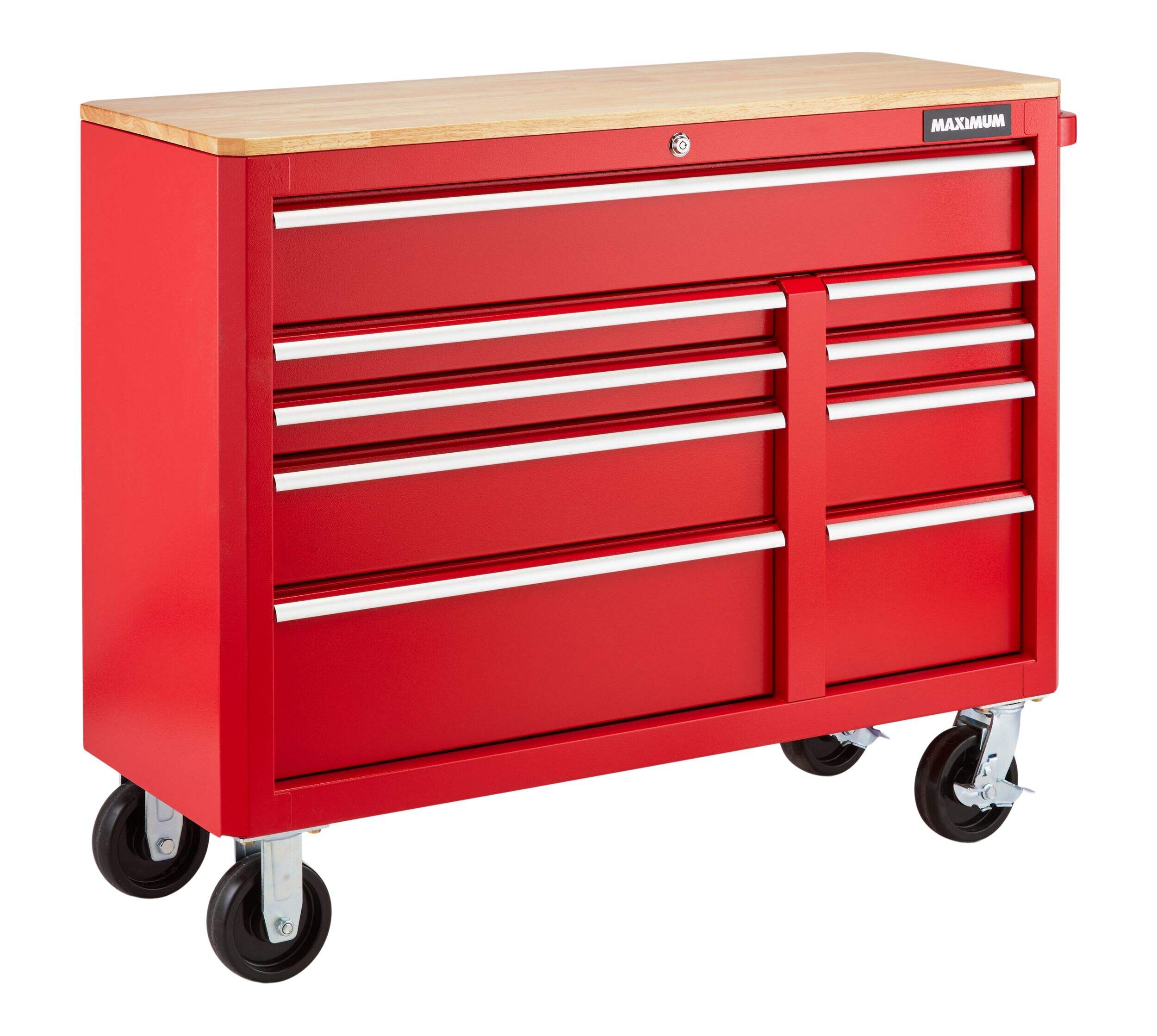 MAXIMUM Tool Storage Cabinet, Built-In Power Bar with USB, 9-Drawer, 47-in, Red Front_Three_Fourths_Angled_Right