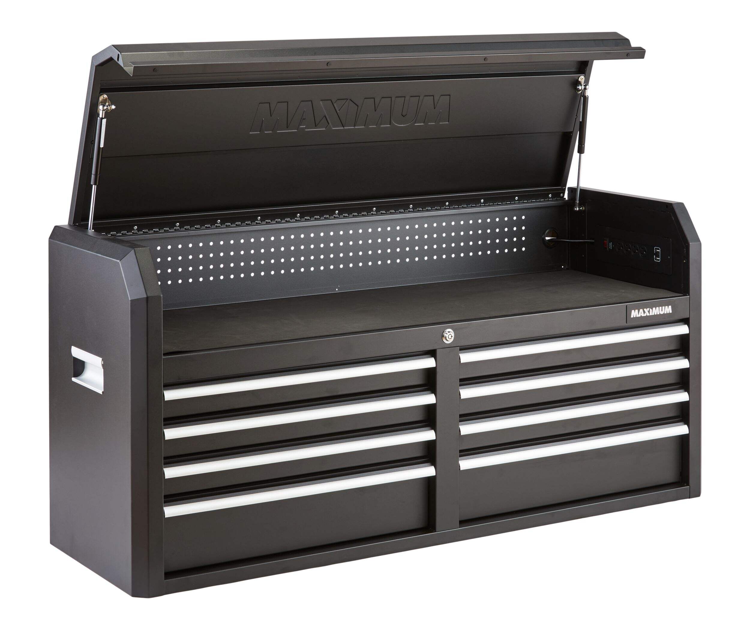 MAXIMUM Tool Storage Chest, Built-In Power Bar with USB, 8-Drawer, 56-in, Matte Black Front_Three_Fourths_Angled_Right