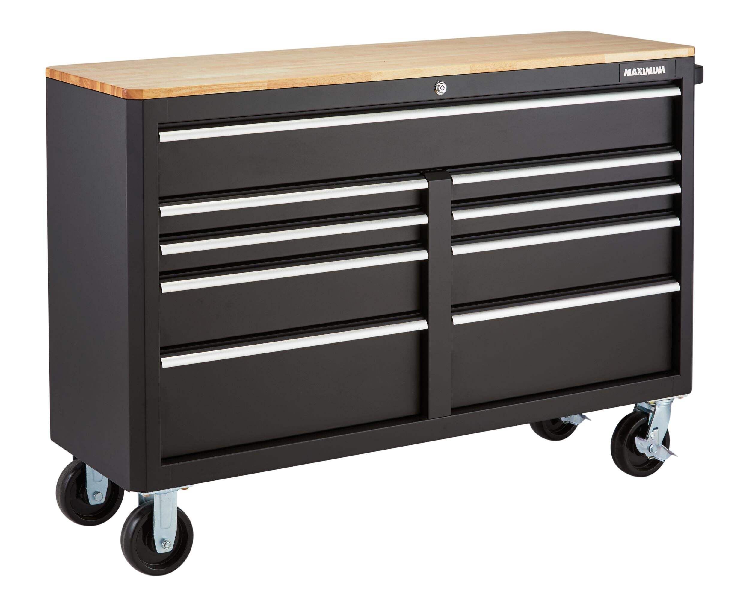 MAXIMUM Tool Storage Cabinet, Built-In Power Bar with USB, 9-Drawer, 56-in, Matte Black Front_Three_Fourths_Angled_Right