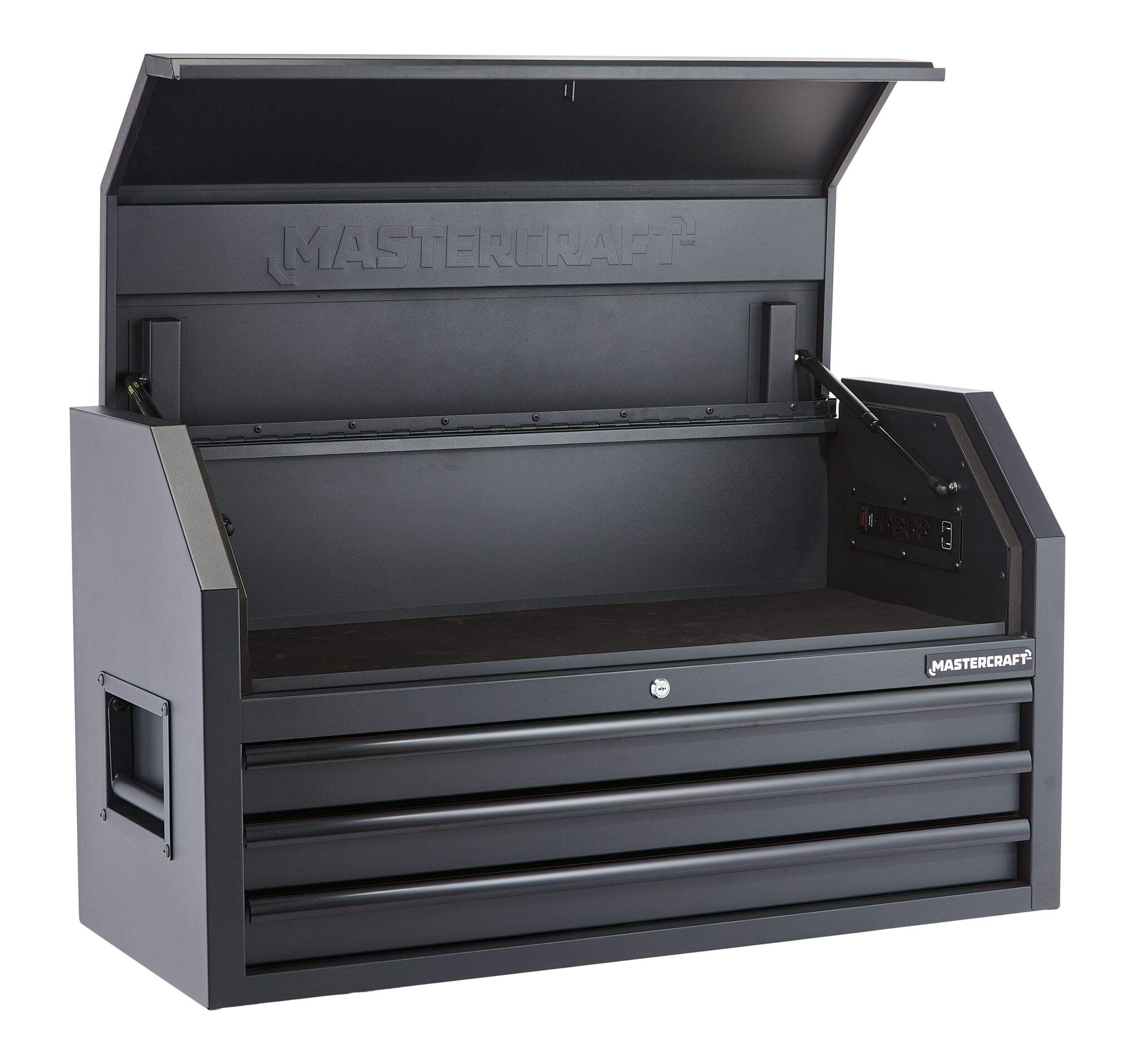 Mastercraft Tool Storage Chest, Built-In Power Bar with USB, 3 Drawer, 41-in, Black Front_Three_Fourths_Angled_Right