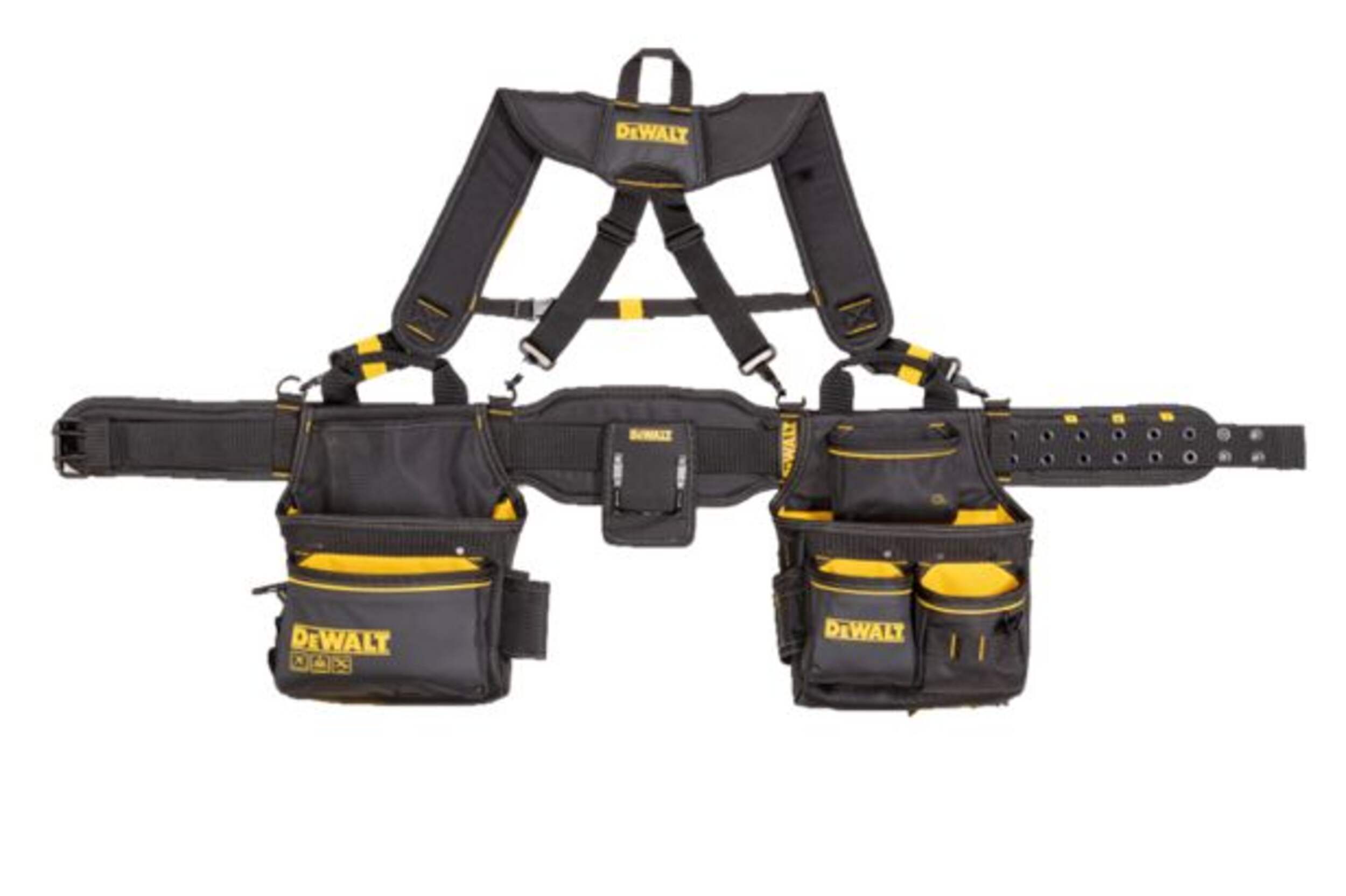 DEWALT Open Structure Adjustable Tool Belt with Suspenders, Padded, 25 Pockets, Black Front_Flat