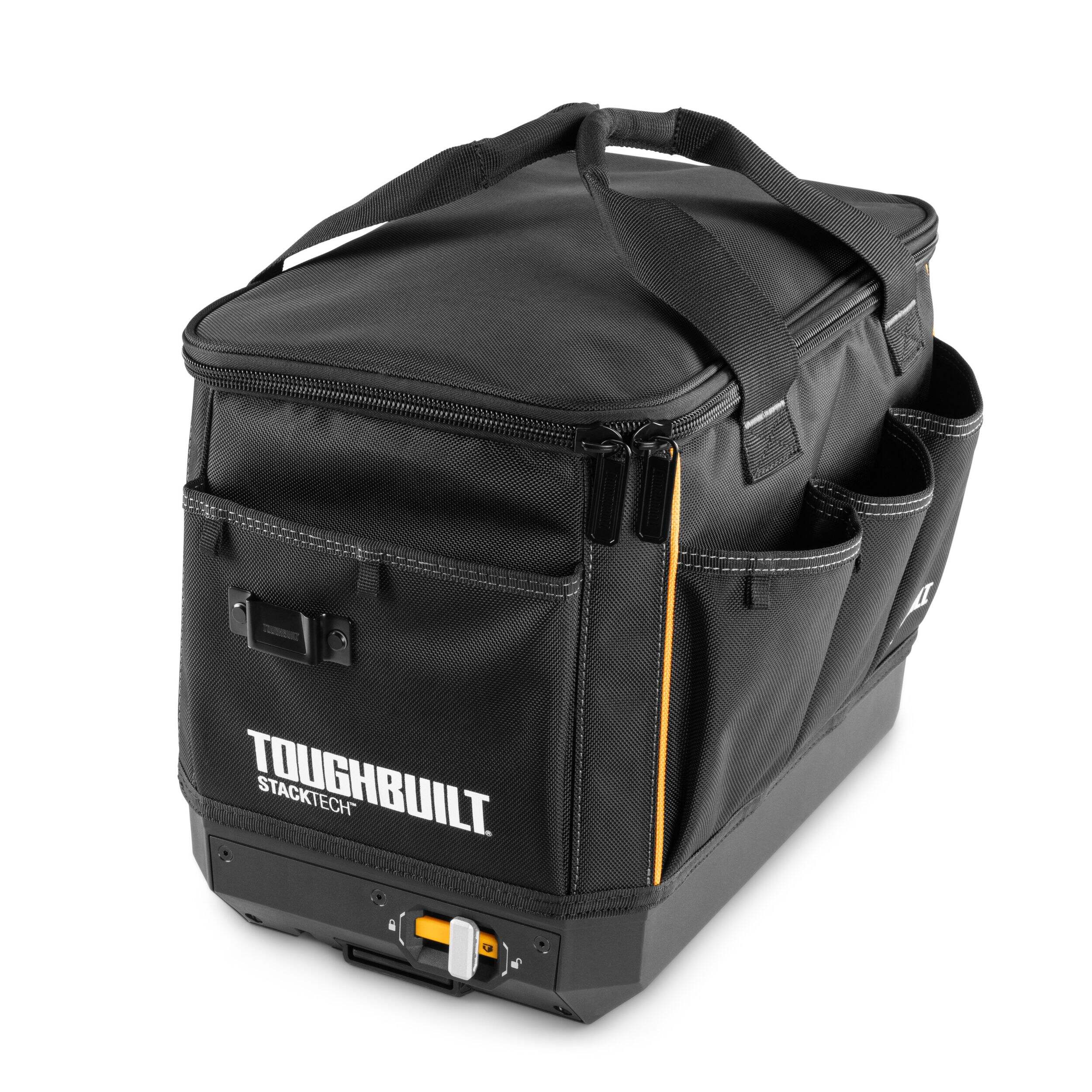ToughBuilt StacktTech Compact Zippered Tool Bag with Auto Locking Mechanism, 10 Pockets, Black Front_Three_Fourths_Angled_Left