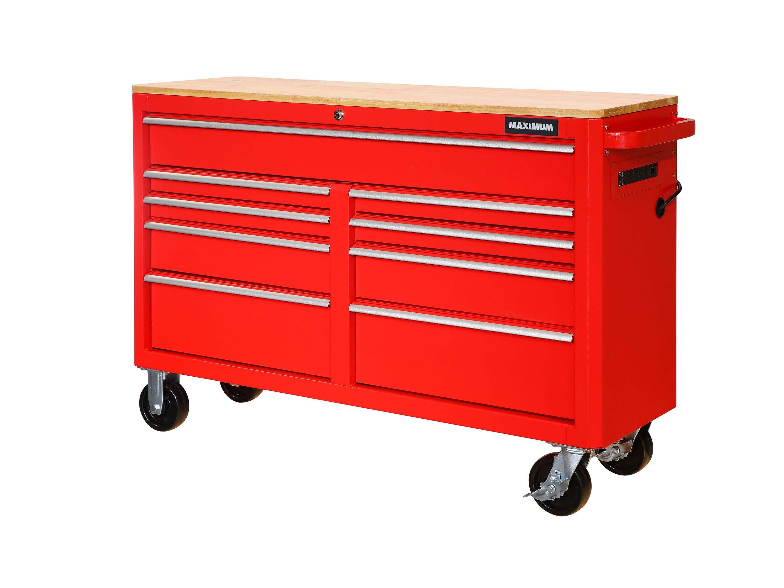 Armoire à outils en acier peint par poudrage MAXIMUM avec barre d'alimentation à 4 prises, rouge, 56 po Front_Angled_Left