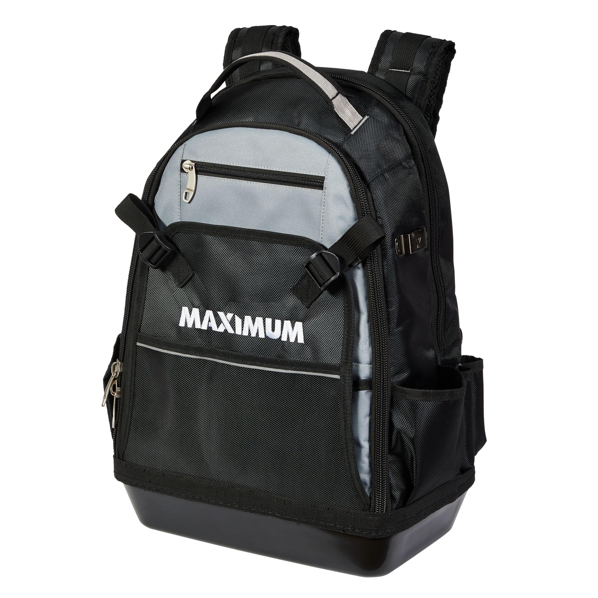 MAXIMUM Water Resistant Bottom Backpack Tool Bag, Black & Grey, 35 Pockets,  15x20-in