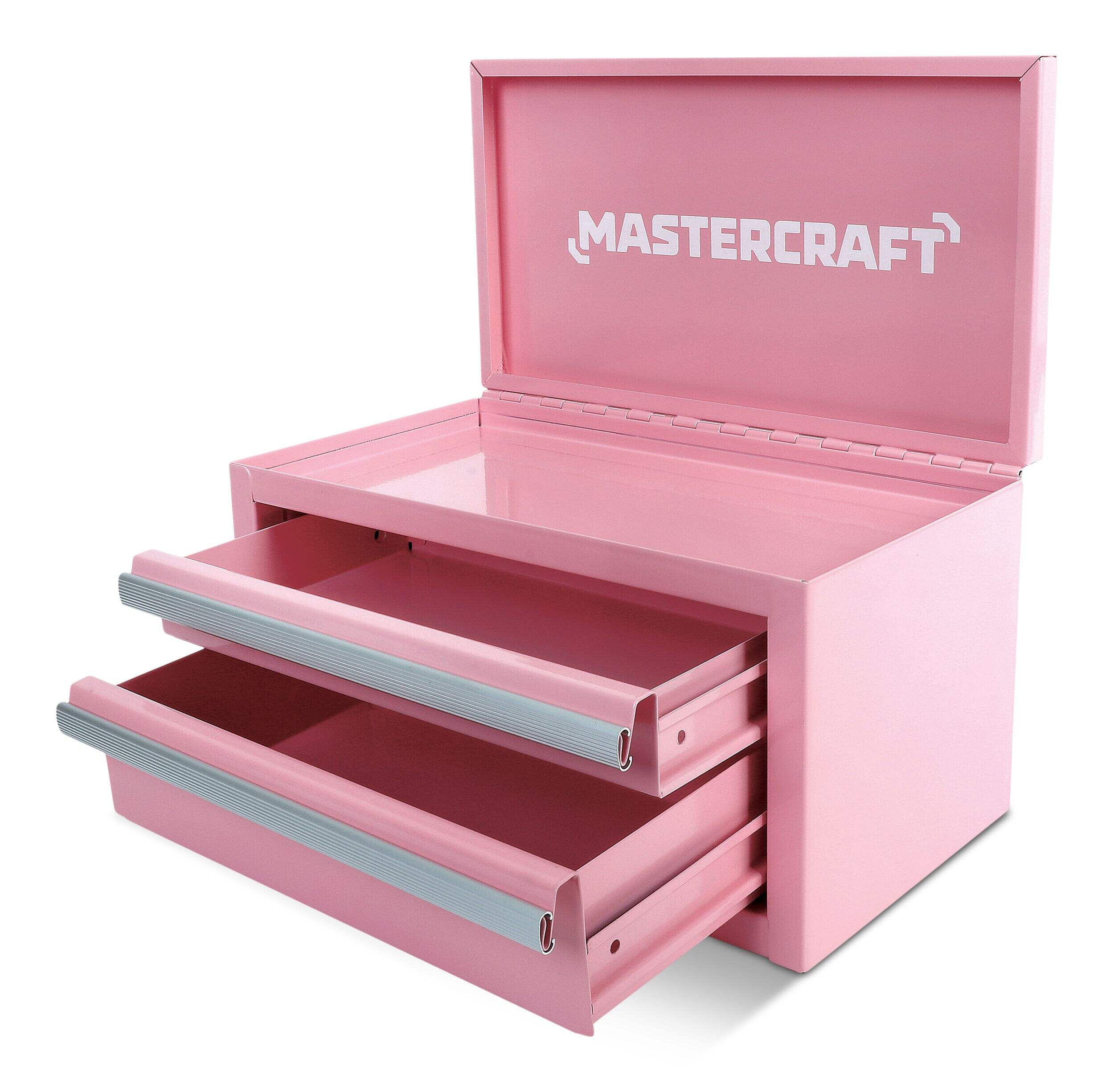 Mini boîte à outils portative en acier à 2 tiroirs Mastercraft, rose, 10,83 po Front_Three_Fourths_Angled_Left