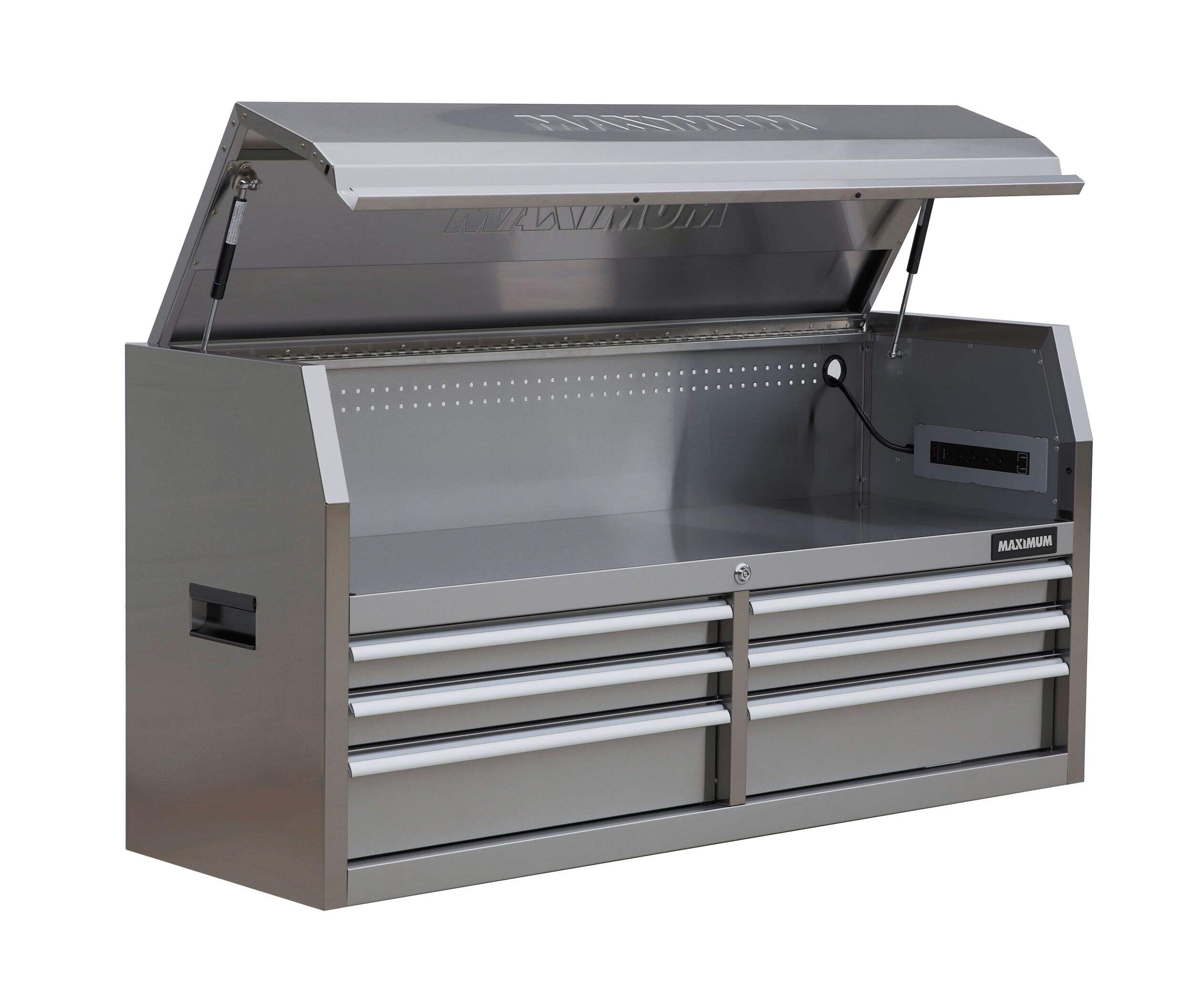 MAXIMUM Tool Storage Chest with 6 Drawers, Powerbar with USB, Stainless Steel, 56-in Front_Three_Fourths_Angled_Right
