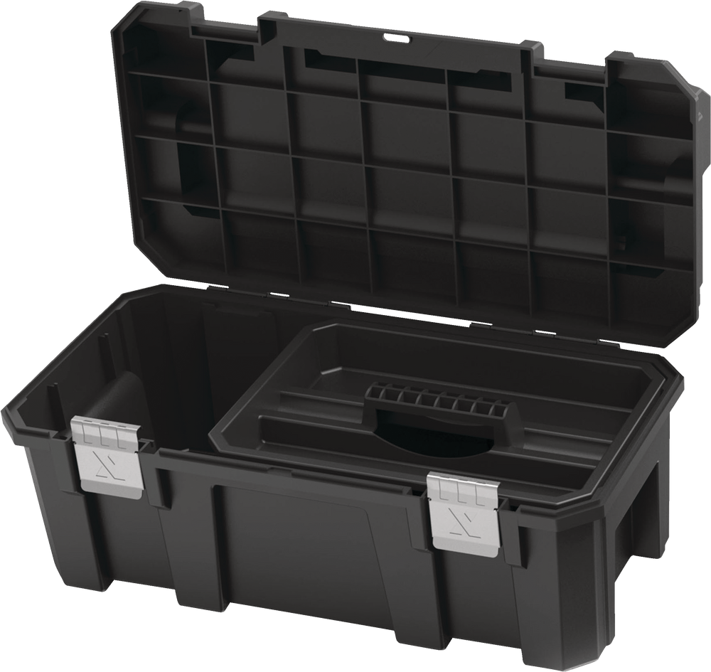 MAXIMUM Heavy-Duty Plastic Tool Box w/ Removable Tray & Organizer, 22-in, Black Overhead_Plunge