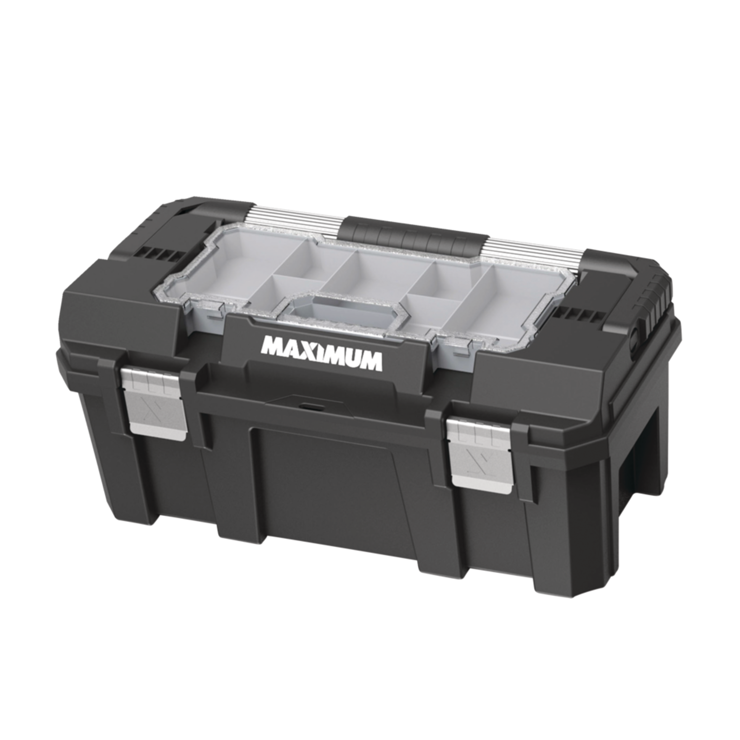 MAXIMUM Heavy-Duty Plastic Tool Box w/ Removable Tray & Organizer, 22-in, Black Front_Angled_Left