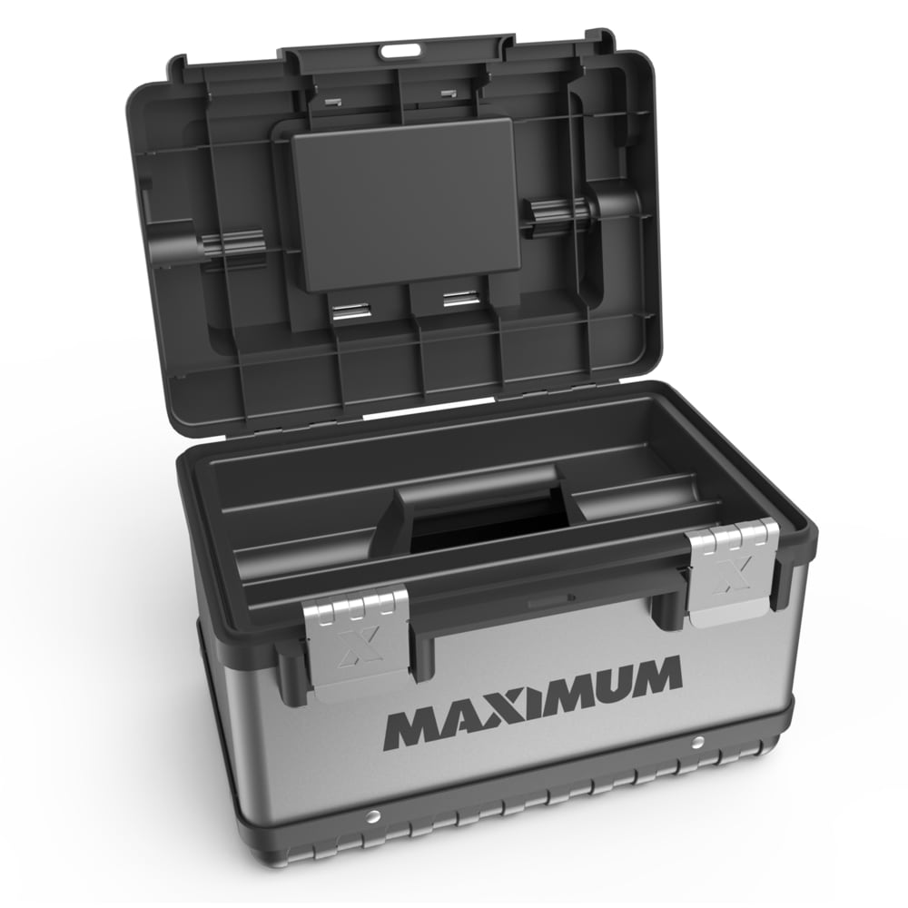 MAXIMUM Portable Plastic & Metal Tool Box w/ Removable Tray & Organizer, Black, 15-in Front_Angled_Right