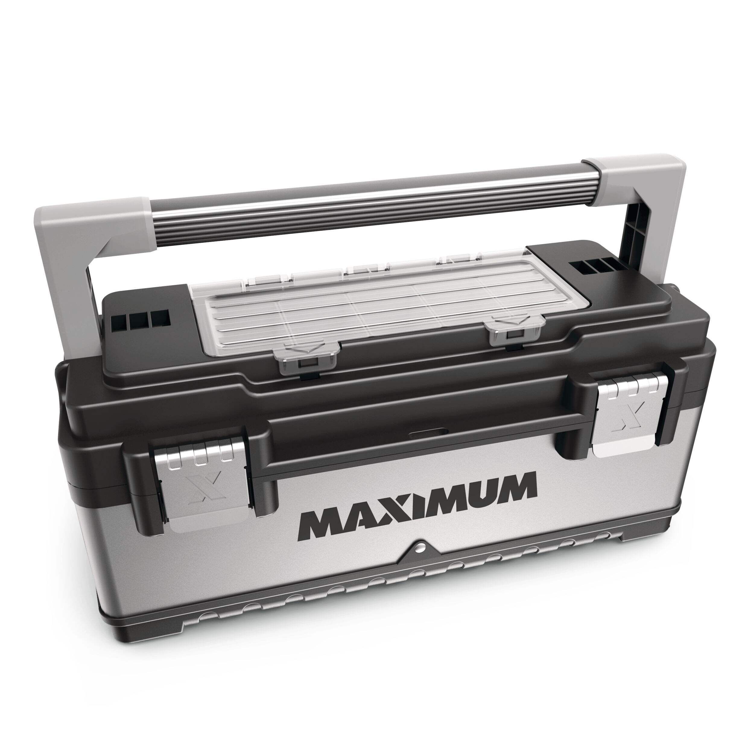MAXIMUM Portable Plastic & Metal Tool Box w/ Removable Tray & Organizer, Black, 20-in Front_Angled_Right