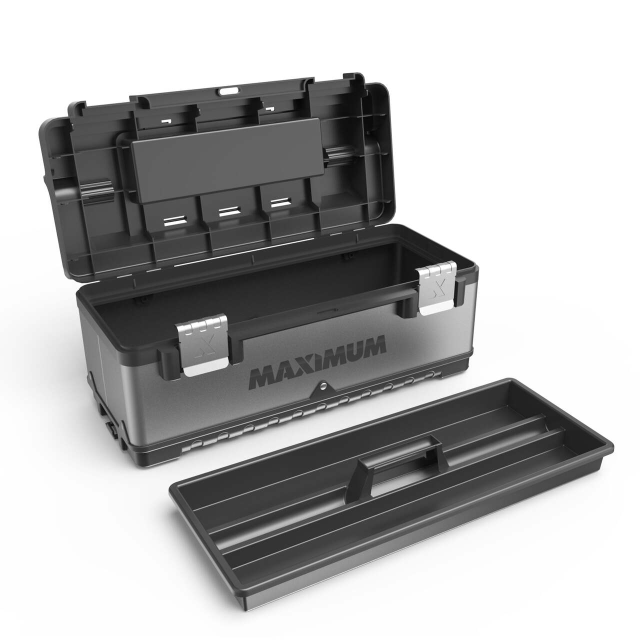 MAXIMUM Portable Plastic & Metal Tool Box w/ Removable Tray & Organizer,  Black, 20-in