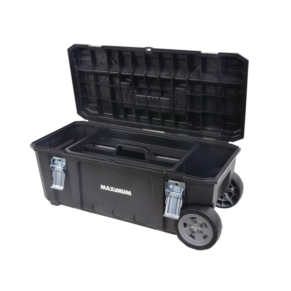 MAXIMUM Portable Plastic Rolling Tool Box w/ Handle, Black, 28in