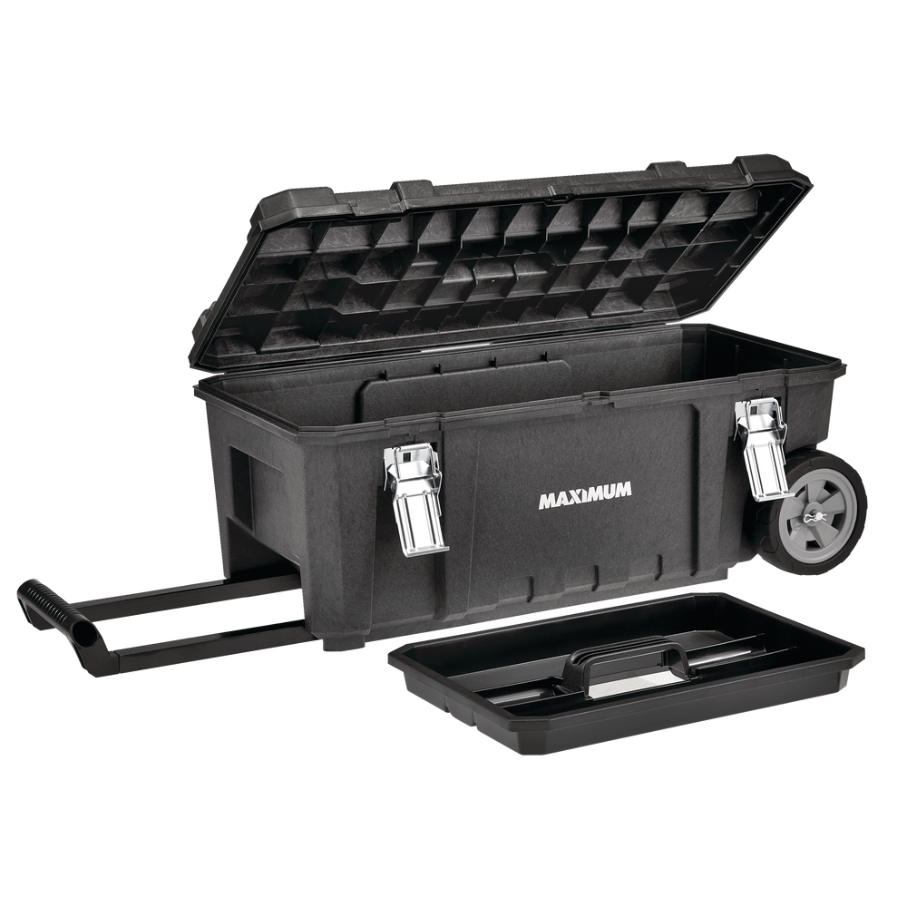 MAXIMUM Portable Plastic Rolling Tool Box w/ Handle, Black, 28in