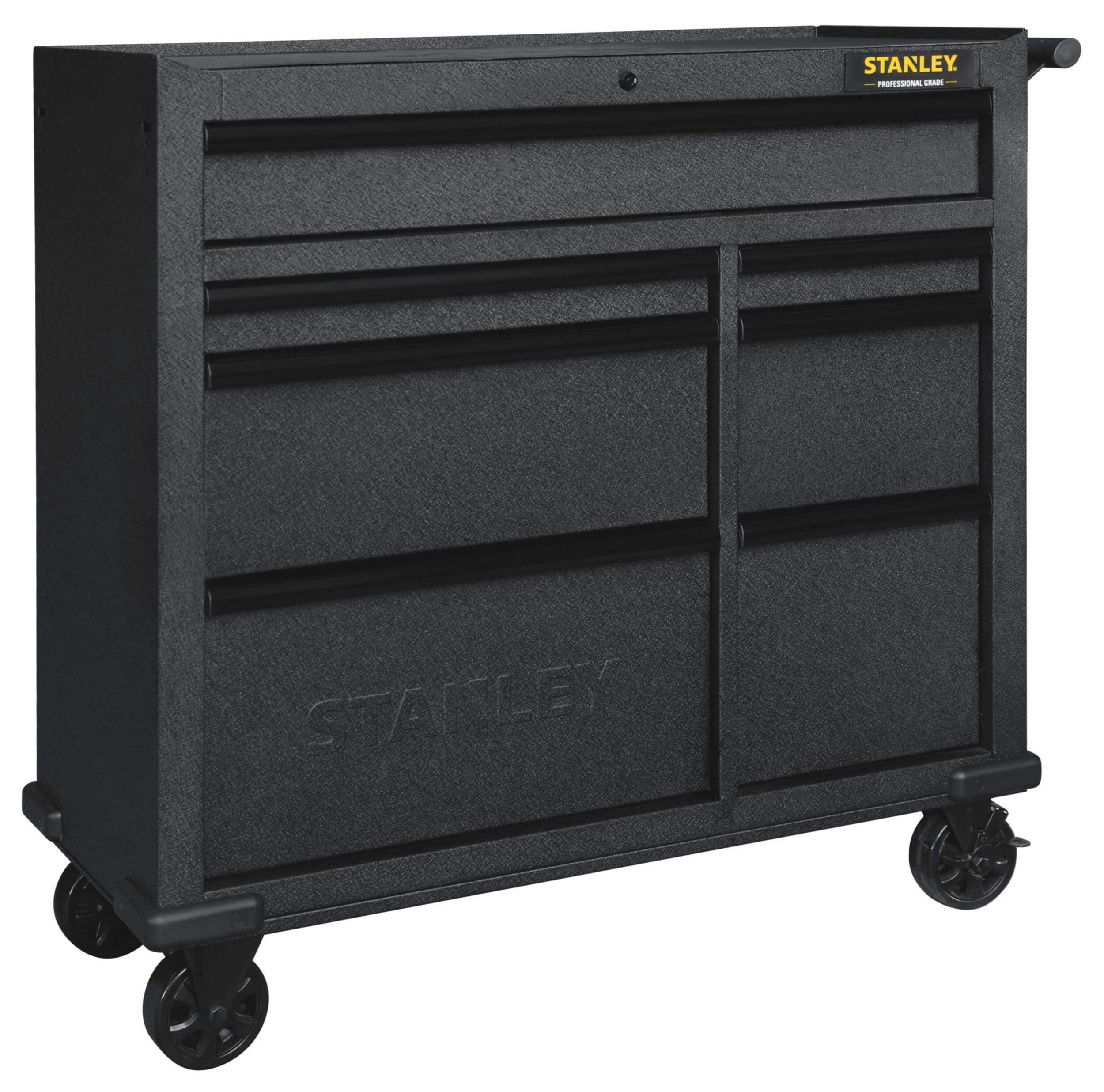 Stanley Rolling Tool Storage Cabinet with 7 Drawers, Power Bar with USB, Black, 41-in Front_Angled_Right