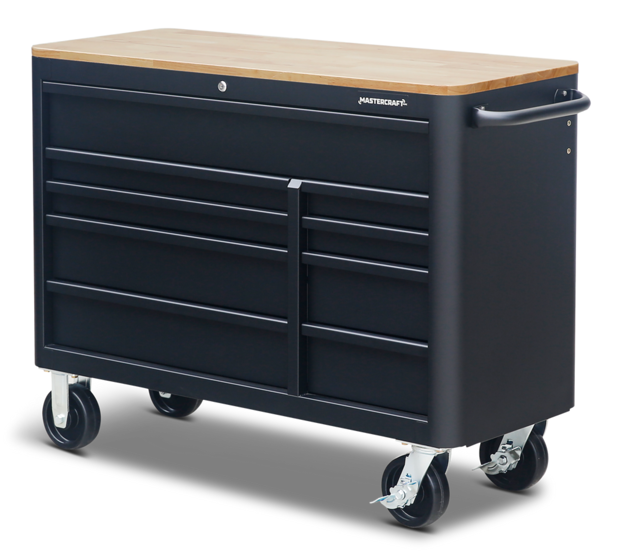 Mastercraft Wood Top Rolling 9-Drawer Tool Cabinet, Matte Black, 46-in Front_Three_Fourths_Angled_Left