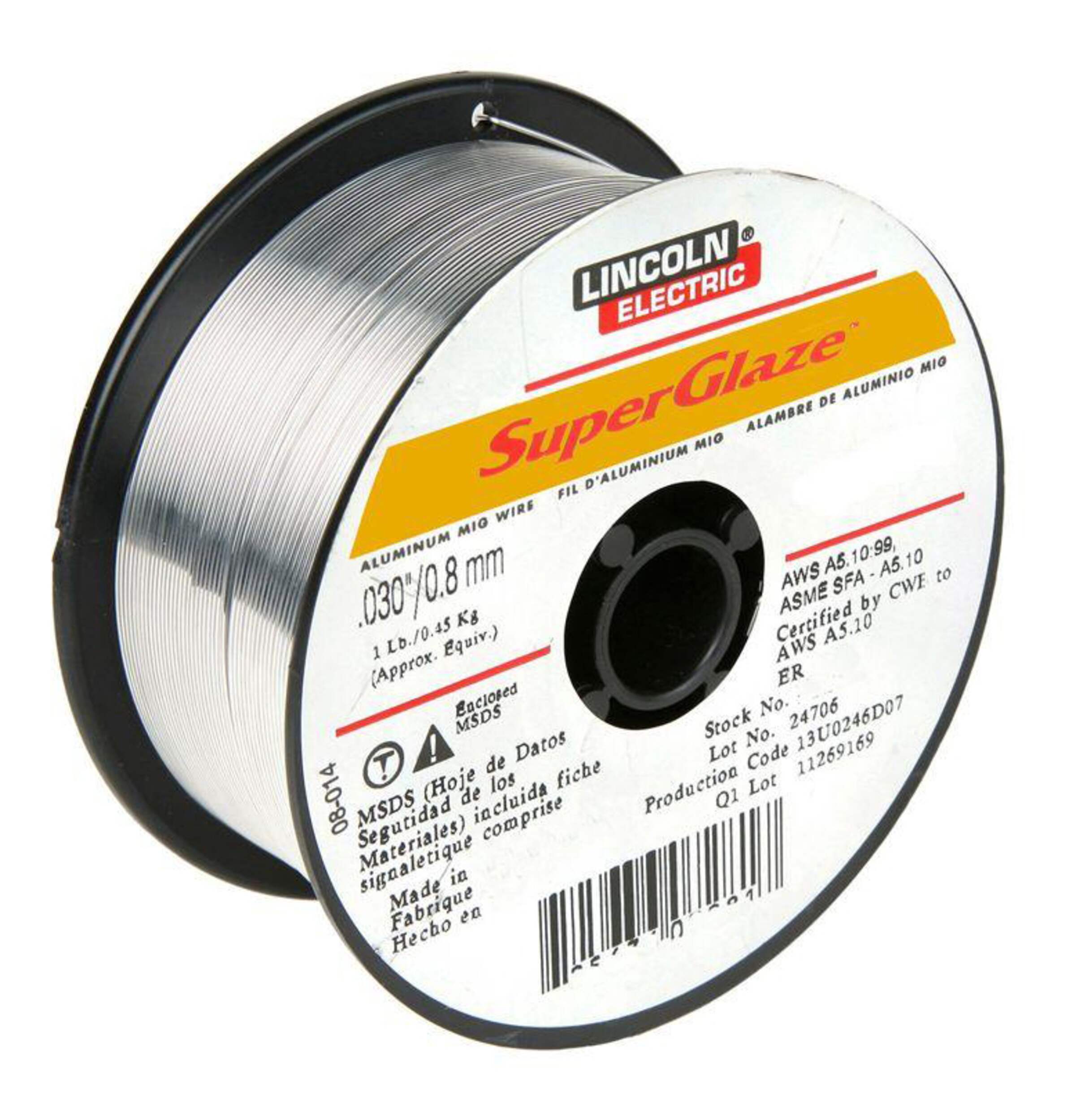 Fil à souder Lincoln Electric SuPerGlaze en aluminium, 0,45kg lb, 0,8 mm Front_Angled_Left