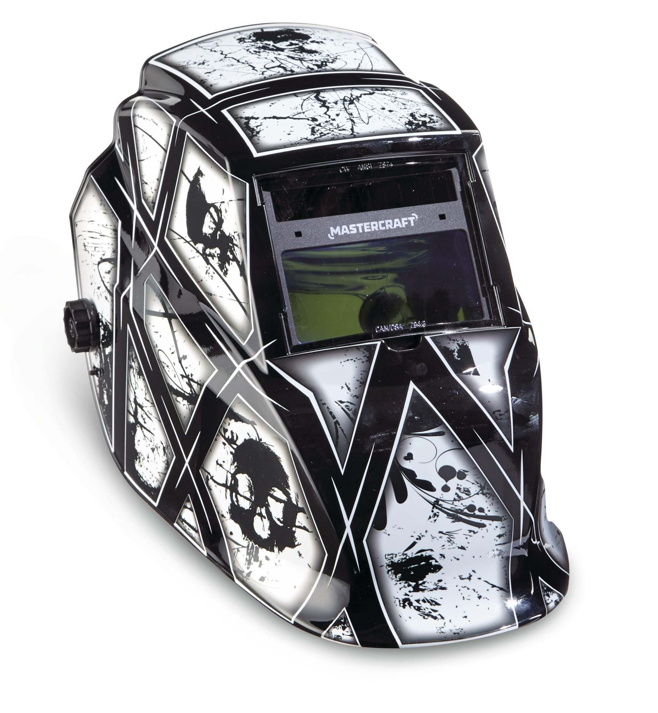 Mastercraft Auto-darkening Welding Helmet, Fixed Shade #10, White Skull Front_Angled_Right
