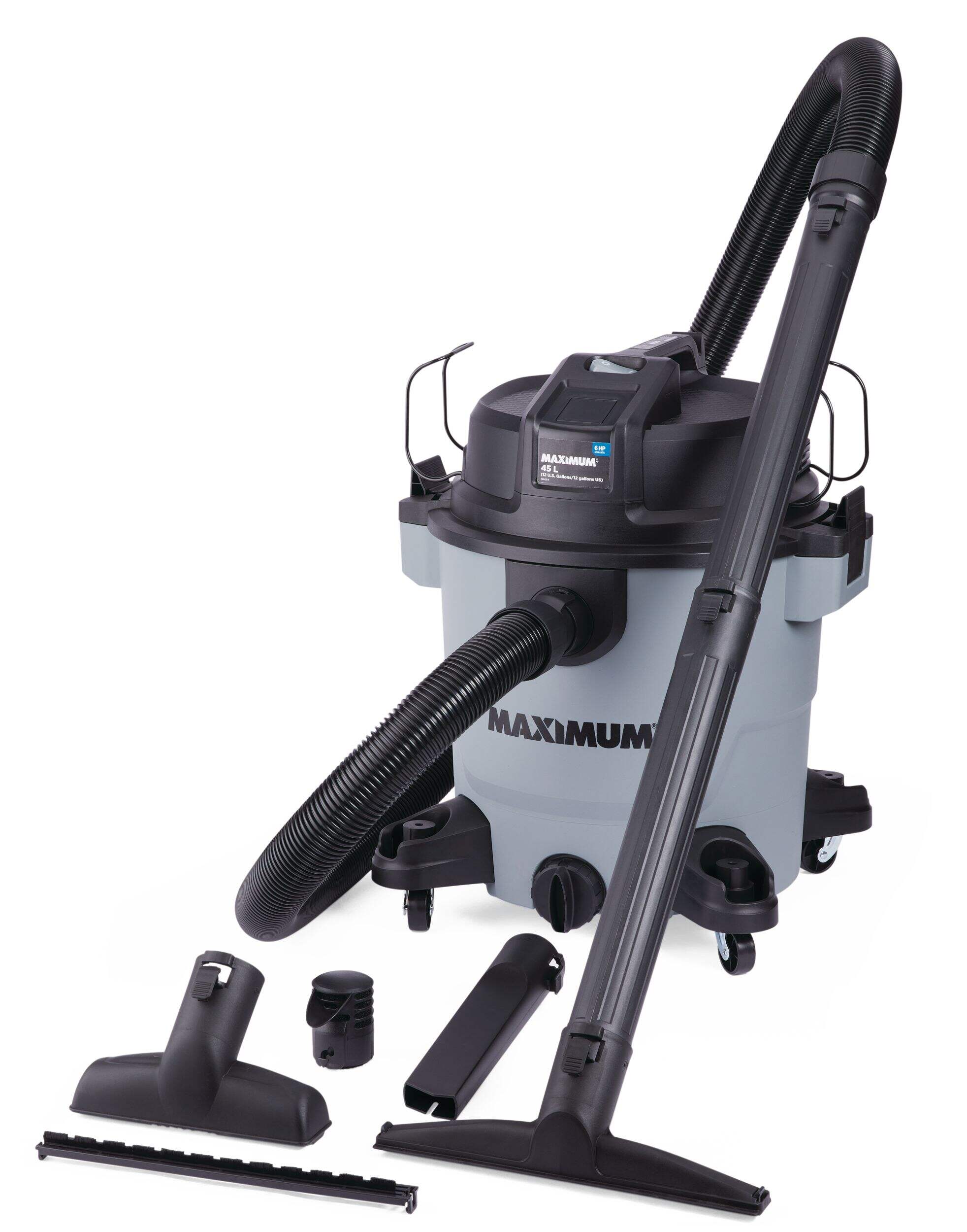 MAXIMUM VJH1211PF 6.0 Peak HP Portable Wet/Dry Shop Vacuum with Hose and Accessories, 45-L Front_Three_Fourths_Angled_Left