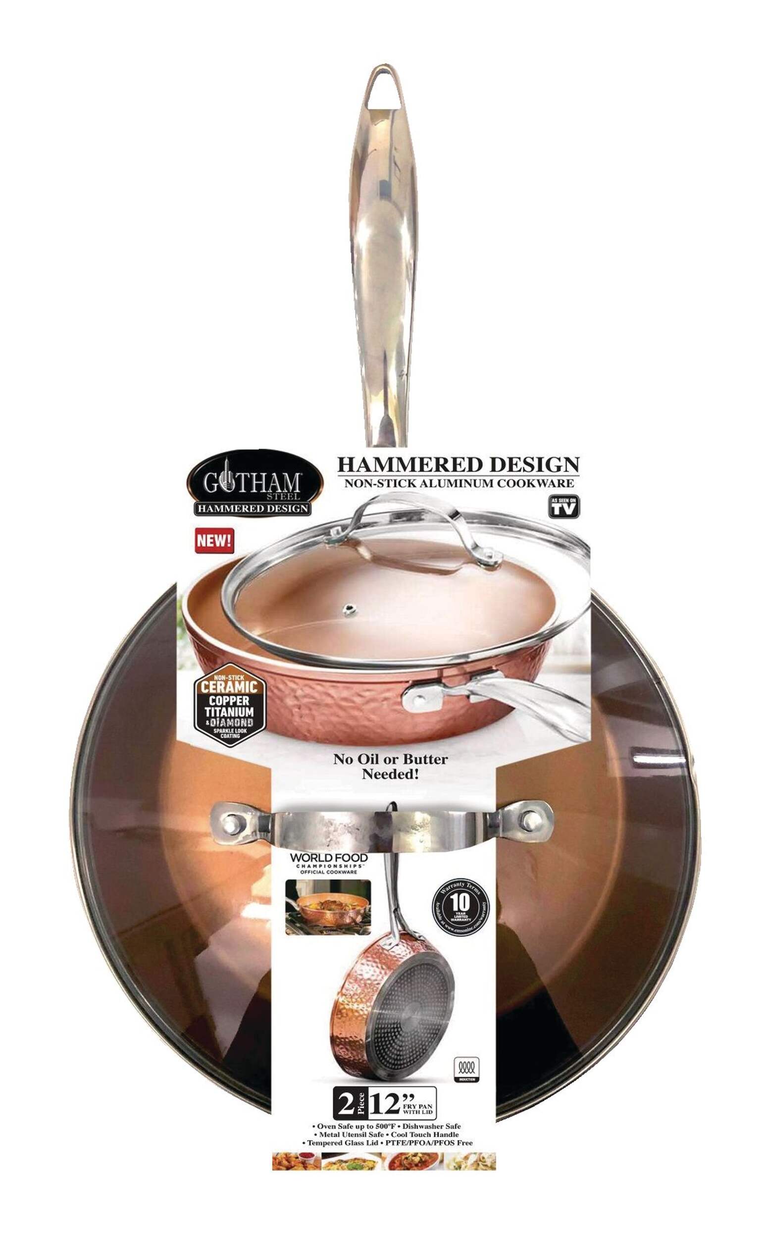 As Seen On TV Gotham Steel Hammered Diamond Pan with Lid, 12-in Front_Flat