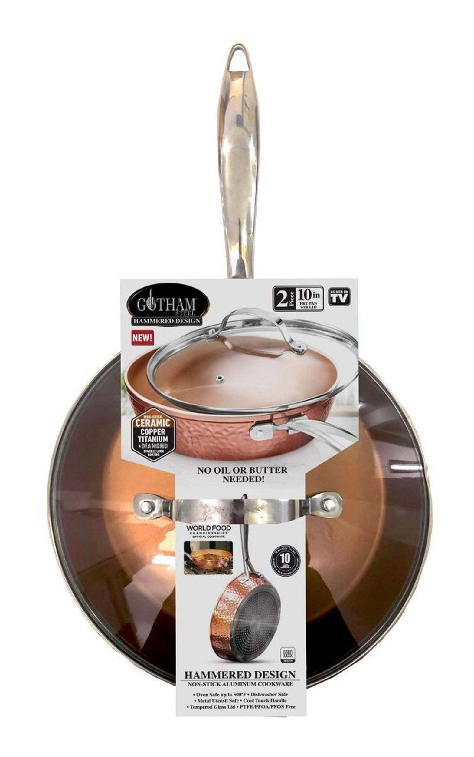 Gotham Steel As Seen On TV Hammered Diamond Pan with Lid, 10-in Front_Flat