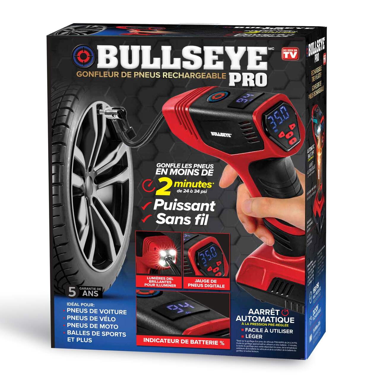 Gonfleur de pneus sans fil rechargeable Bullseye Pro, comme à la télé,  format compact, rouge